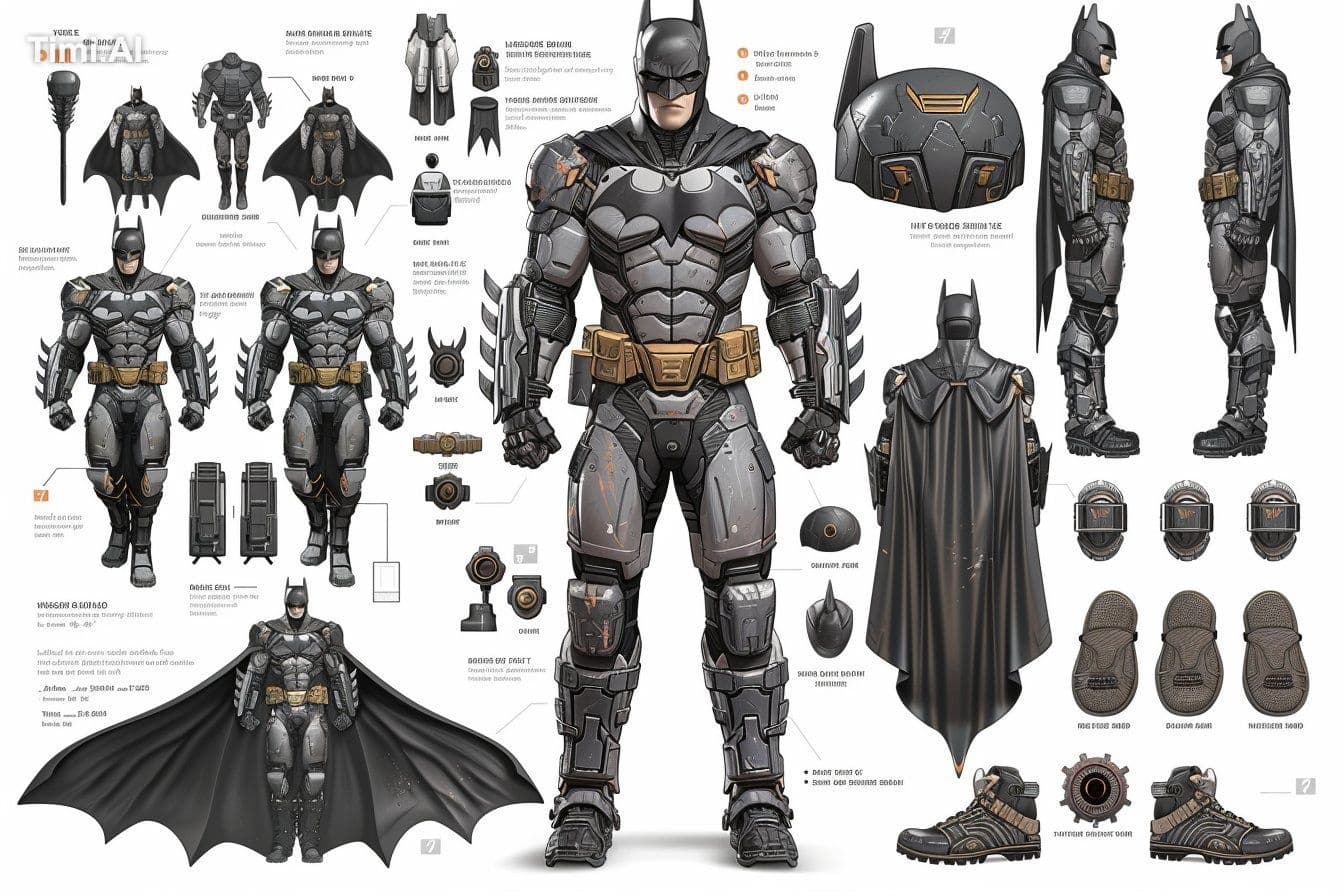 A character sheet of armored Batman with various angles and