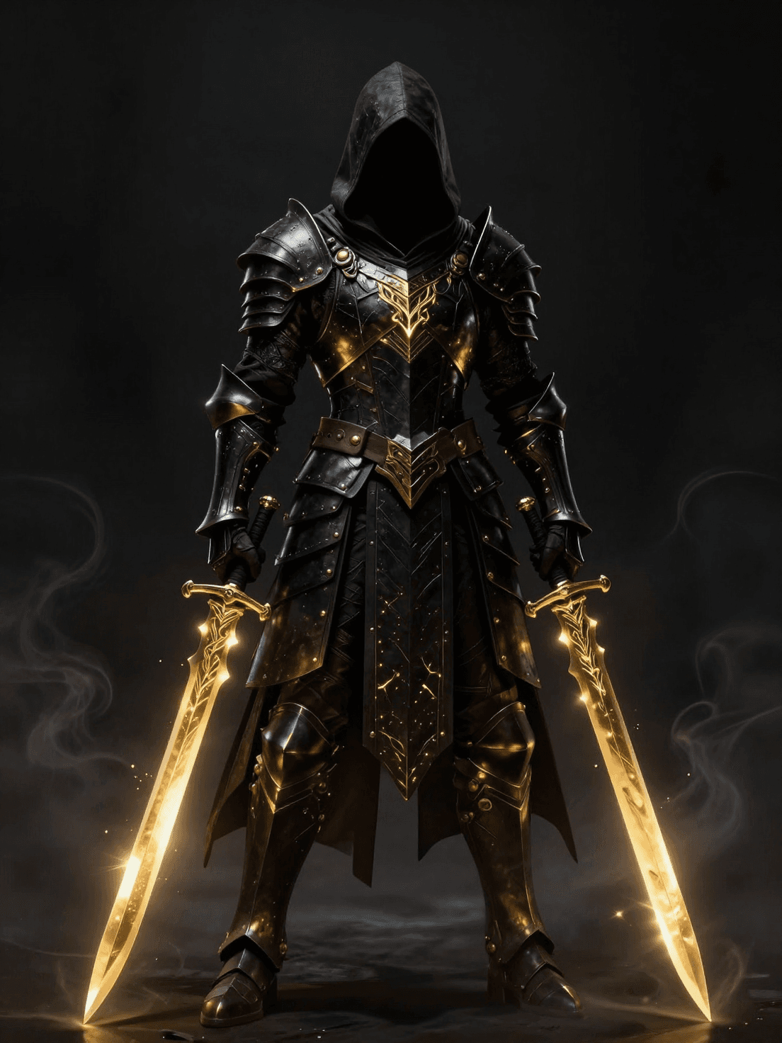 A hooded assassin stands in a void, encased in intricate bla