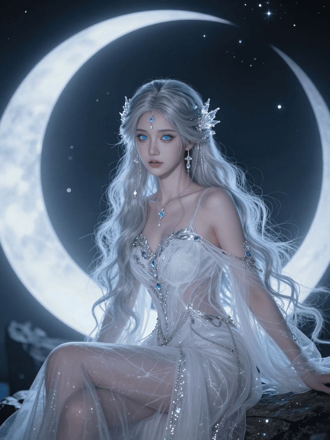 hyperrealistic portrait of ethereal ice goddess, long silver