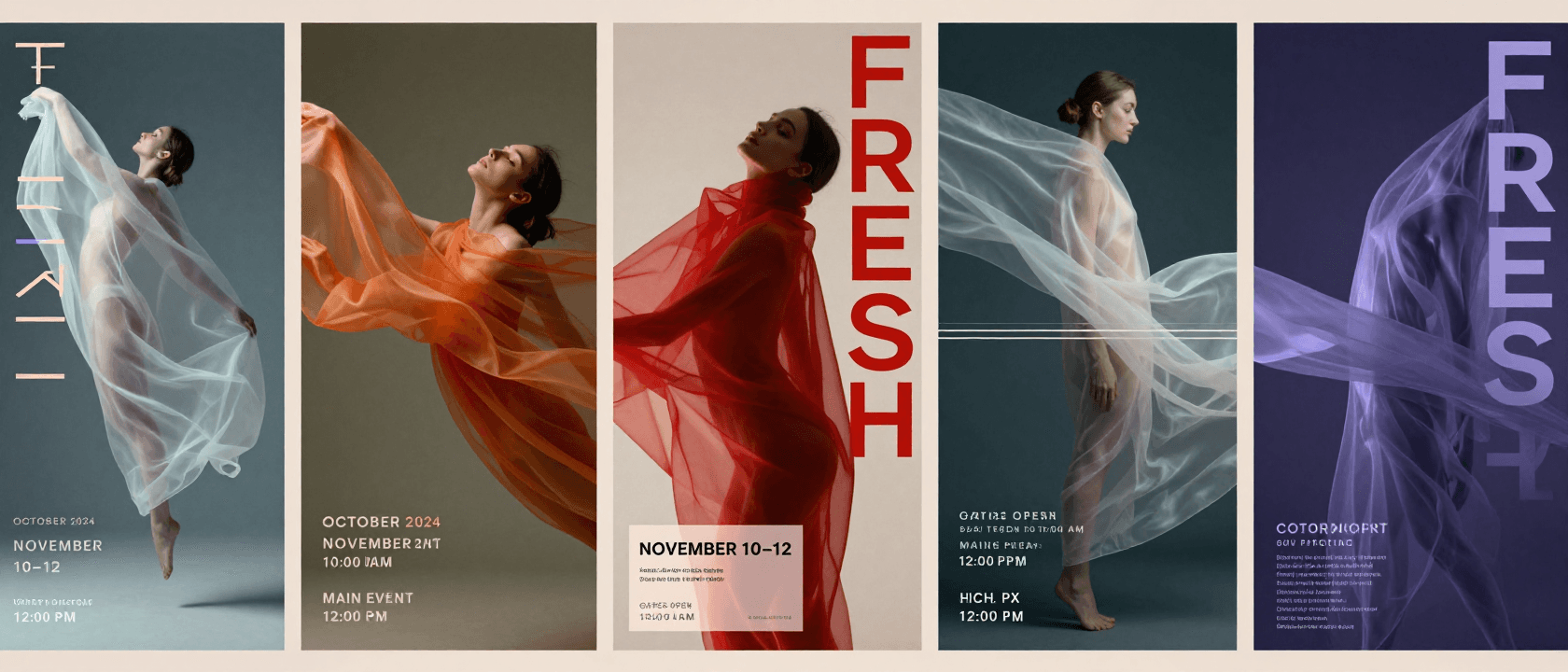 Create a panoramic luxury fashion event poster series compos