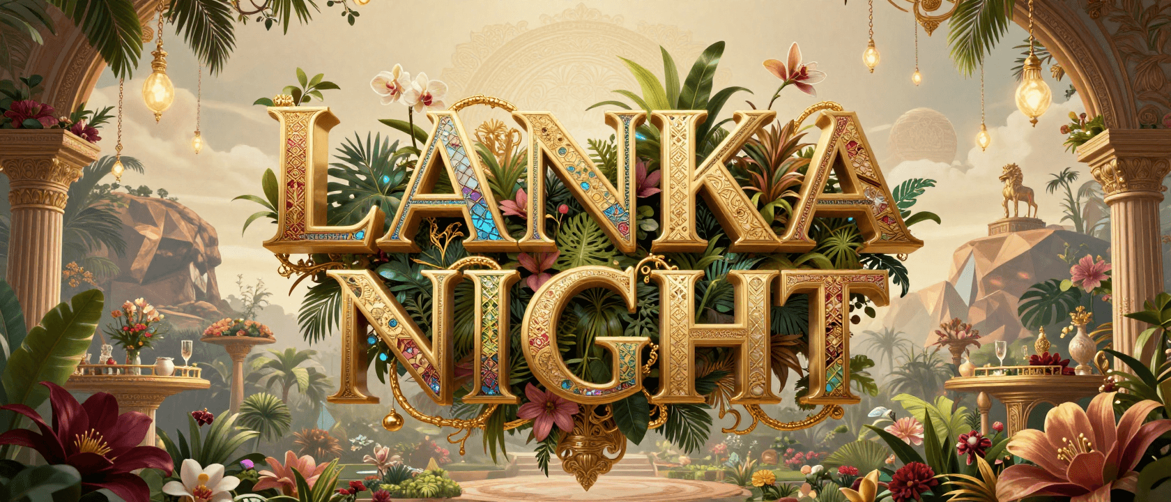 Lanka Night高端晚宴KV,21:9超宽画幅,梦幻插画艺术风格。画面中央漂浮巨大的立体艺术字体“LANKA NI