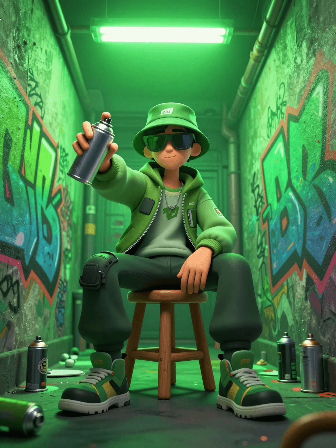 A stylized 3D character with a street-art aesthetic sits on