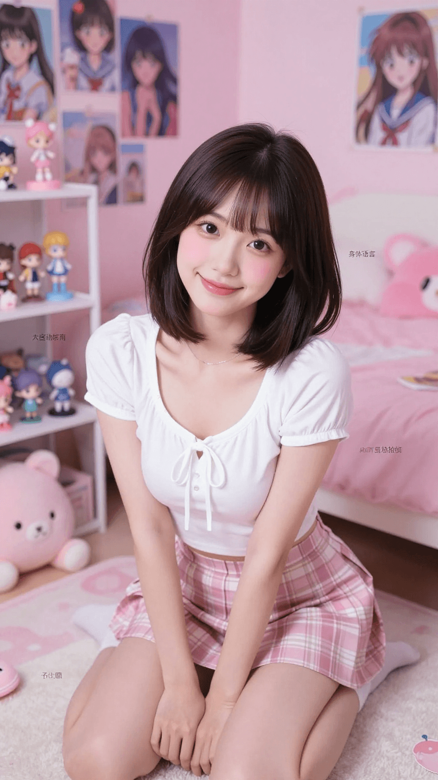 {  "meta": {    "style": "nostalgic kawaii bedroom portrait"