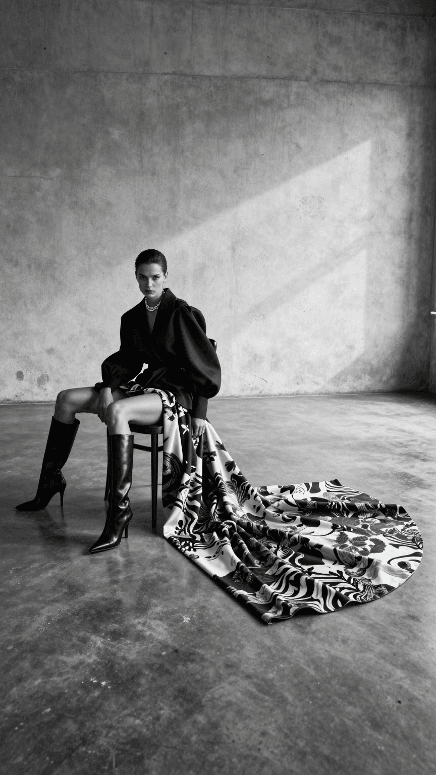 Create an ultra-realistic black-and-white high-fashion edito
