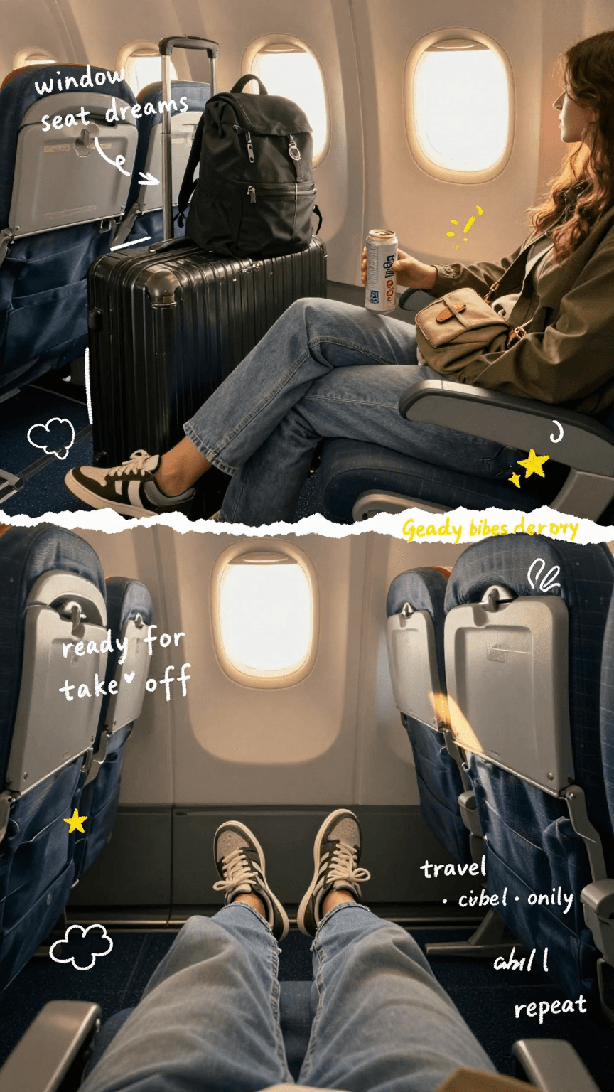 POV travel photography of a person sitting at an airport and