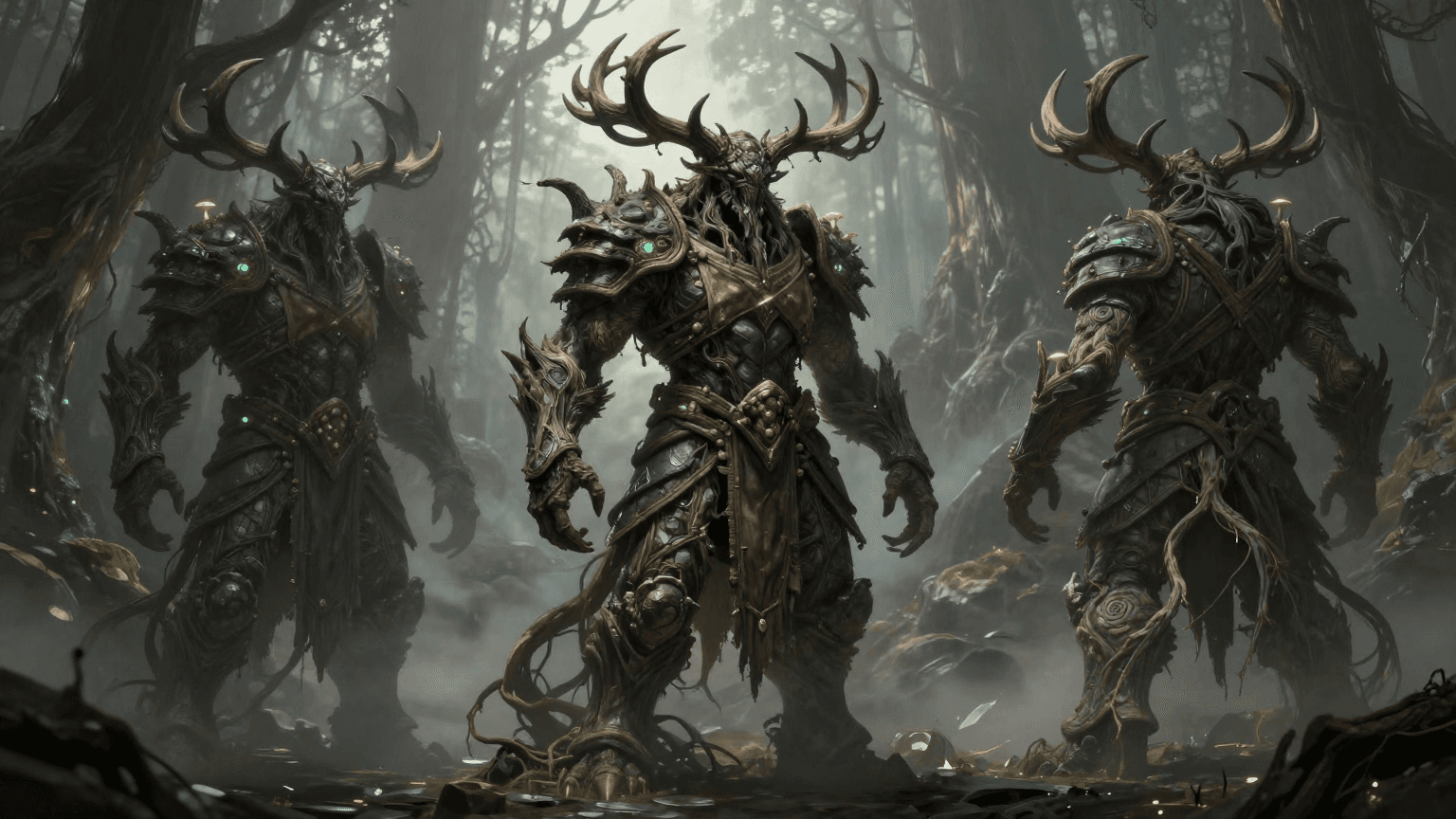 dark fantasy boss character concept, corrupted forest guardi