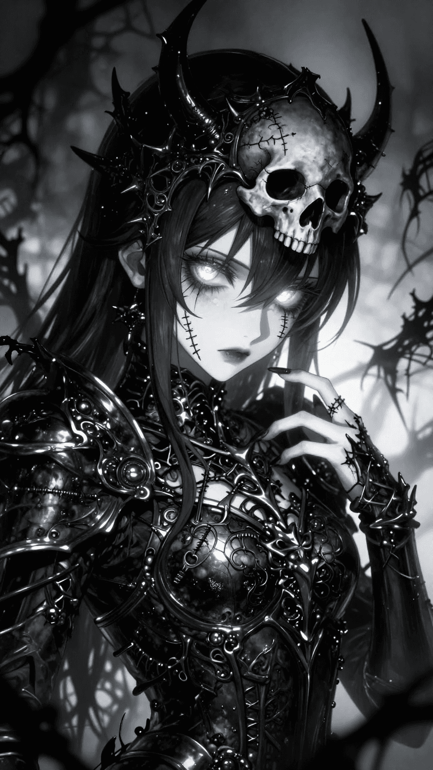 A dark, gothic anime-style character with a porcelain-white 