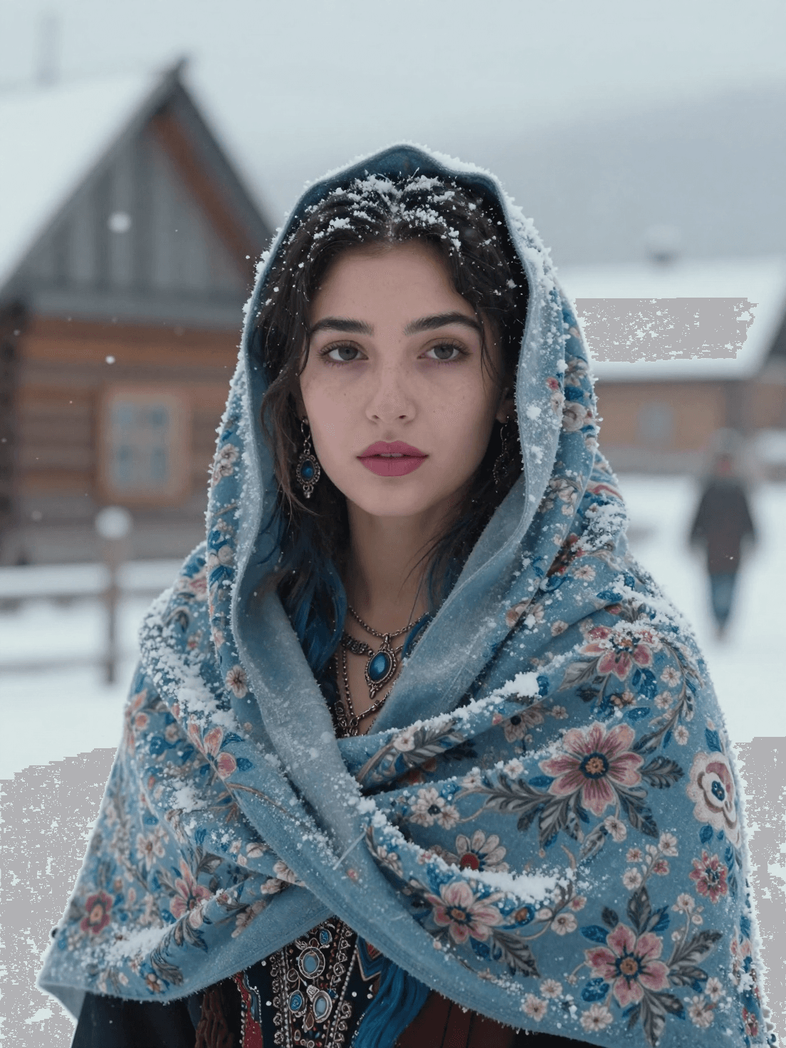 A cinematic portrait of a young Roma woman standing in a sno
