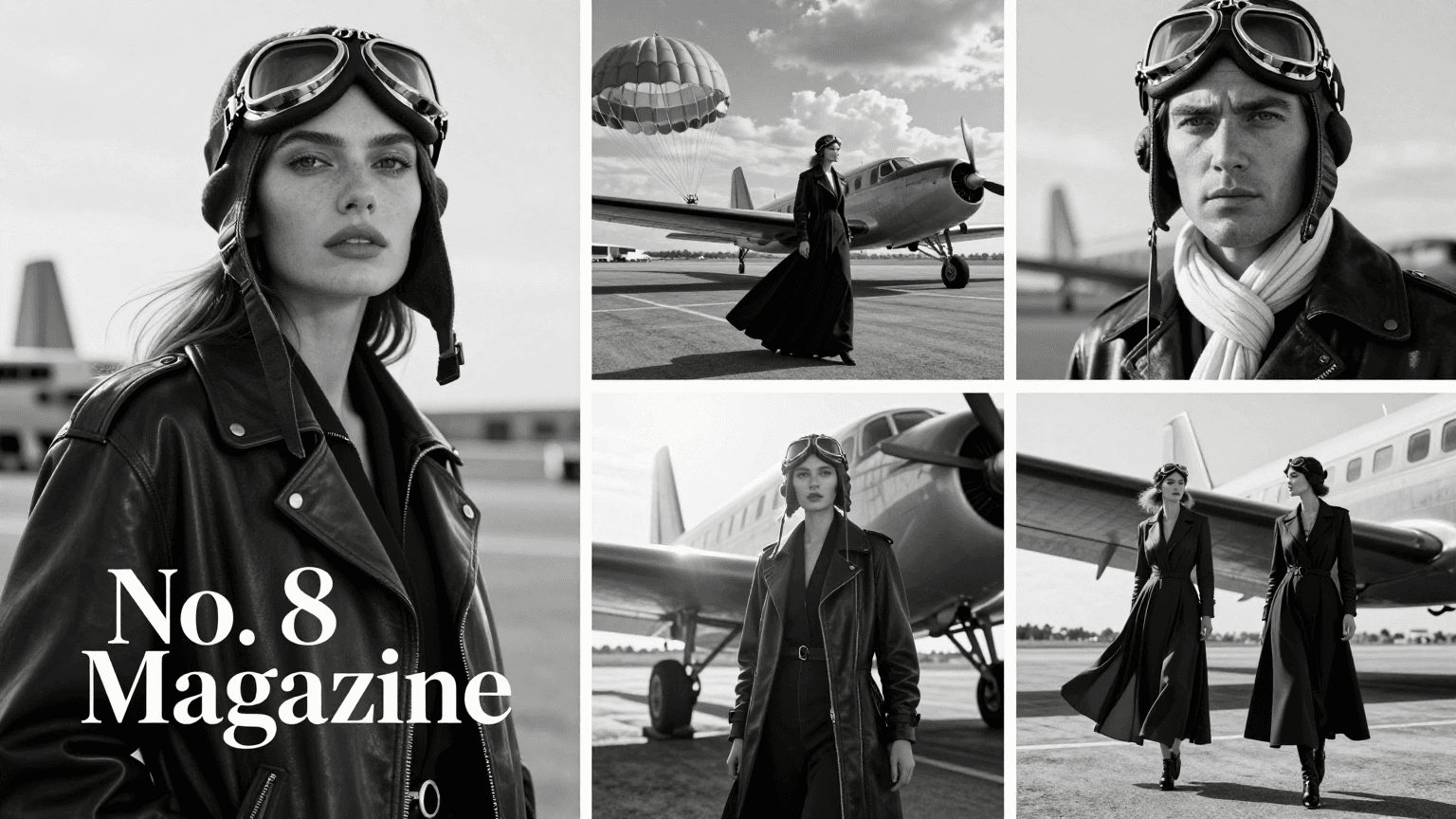 Create a wide panoramic black-and-white luxury fashion edito