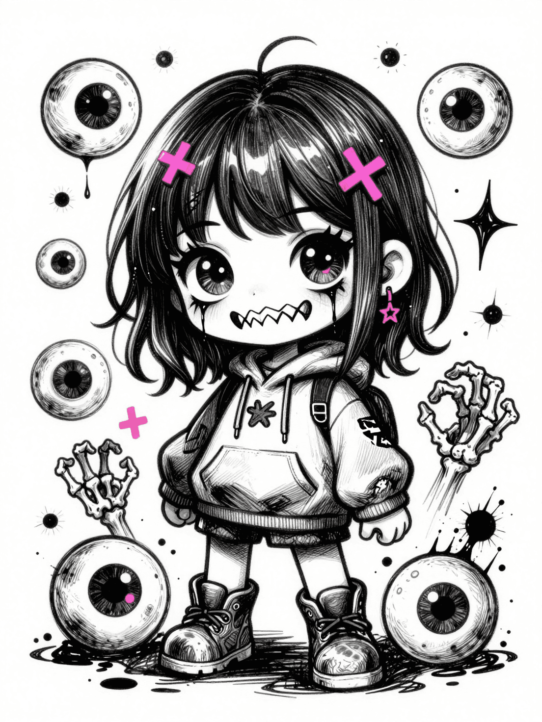 black and white ink sketch illustration, chibi horror girl w