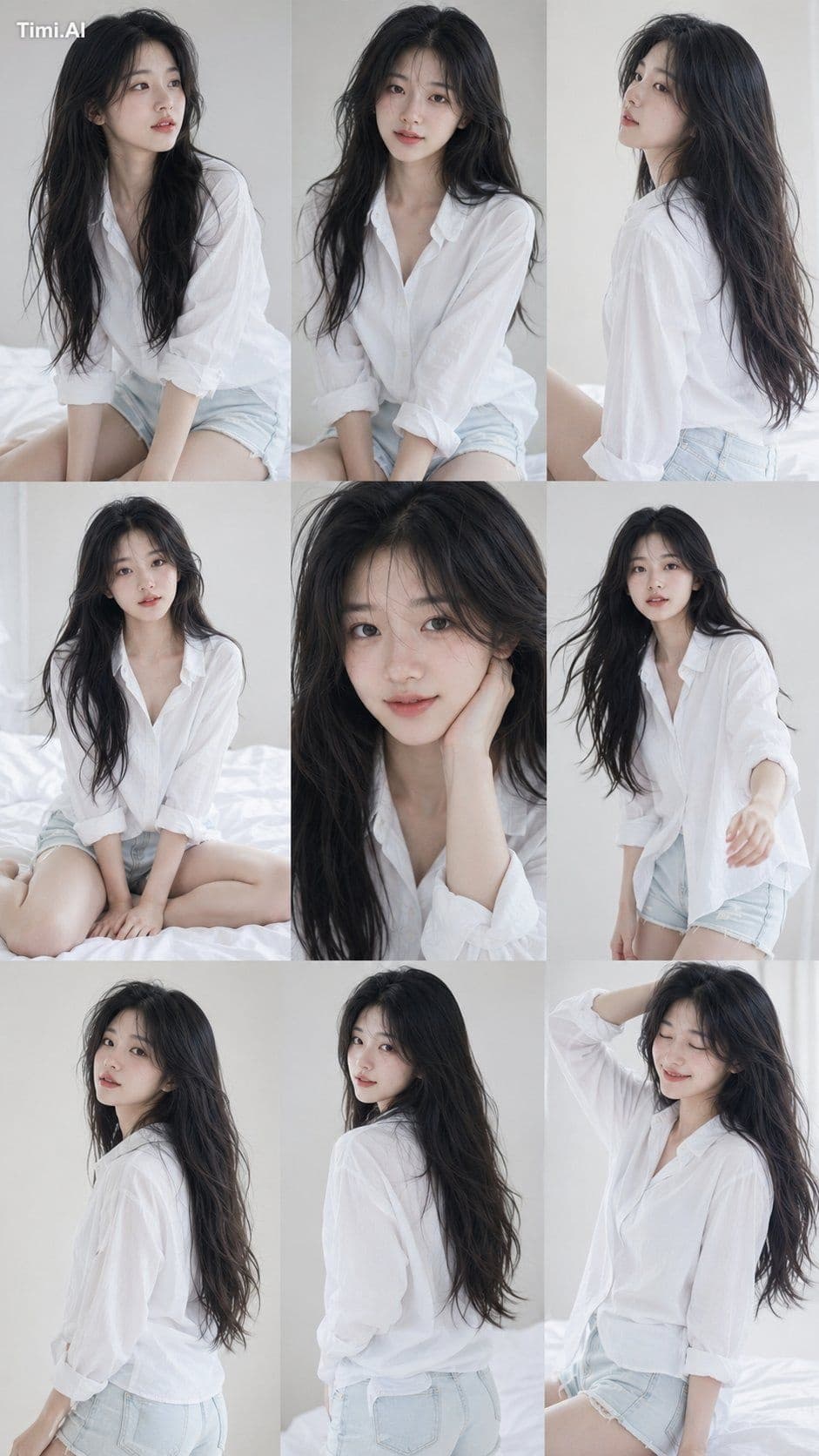 Create a 9:16 vertical 3×3 Korean idol photobook collage fea