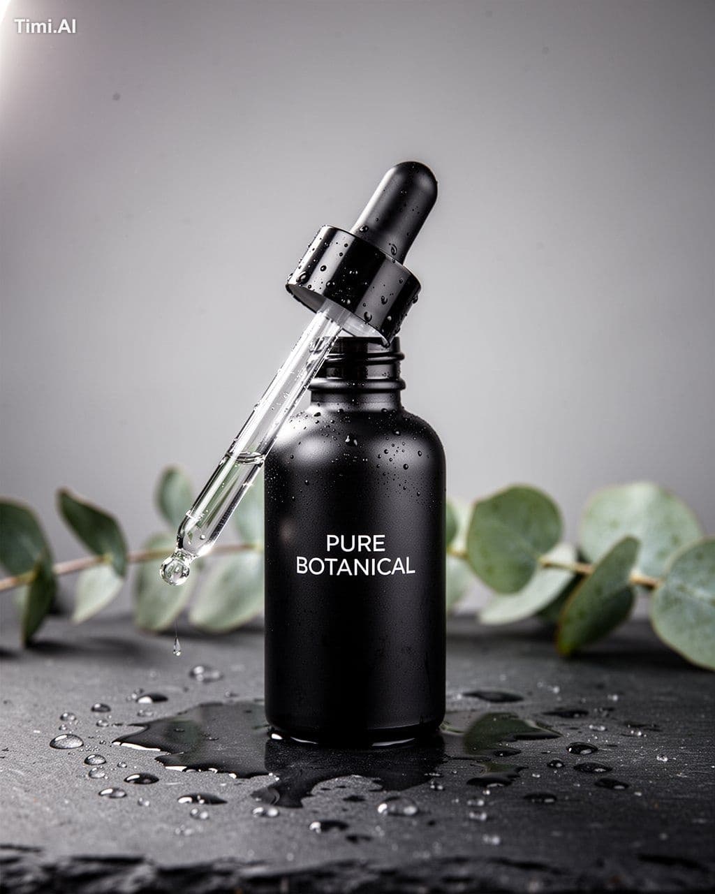 Commercial product photography, a matte-black cosmetic serum