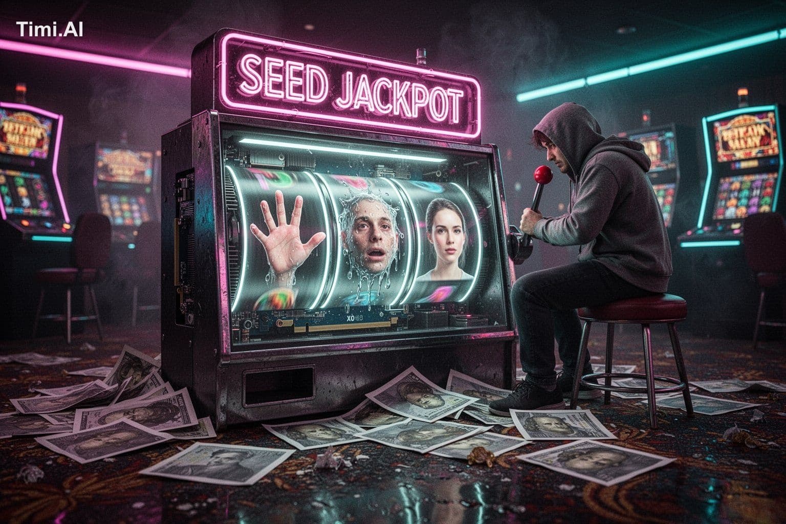 A dim neon-lit casino at night, a single old-school slot mac