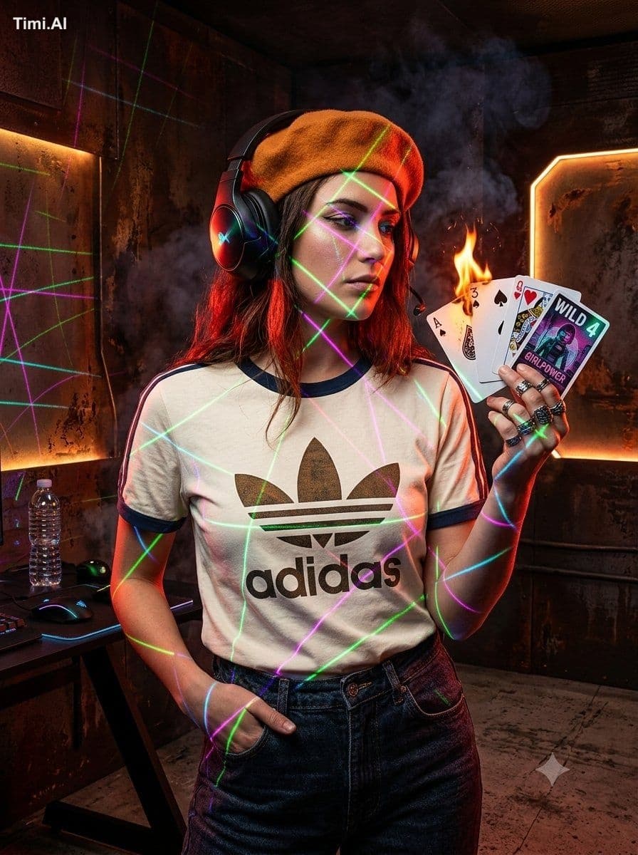 A medium shot of a young woman in a gaming room, presented i