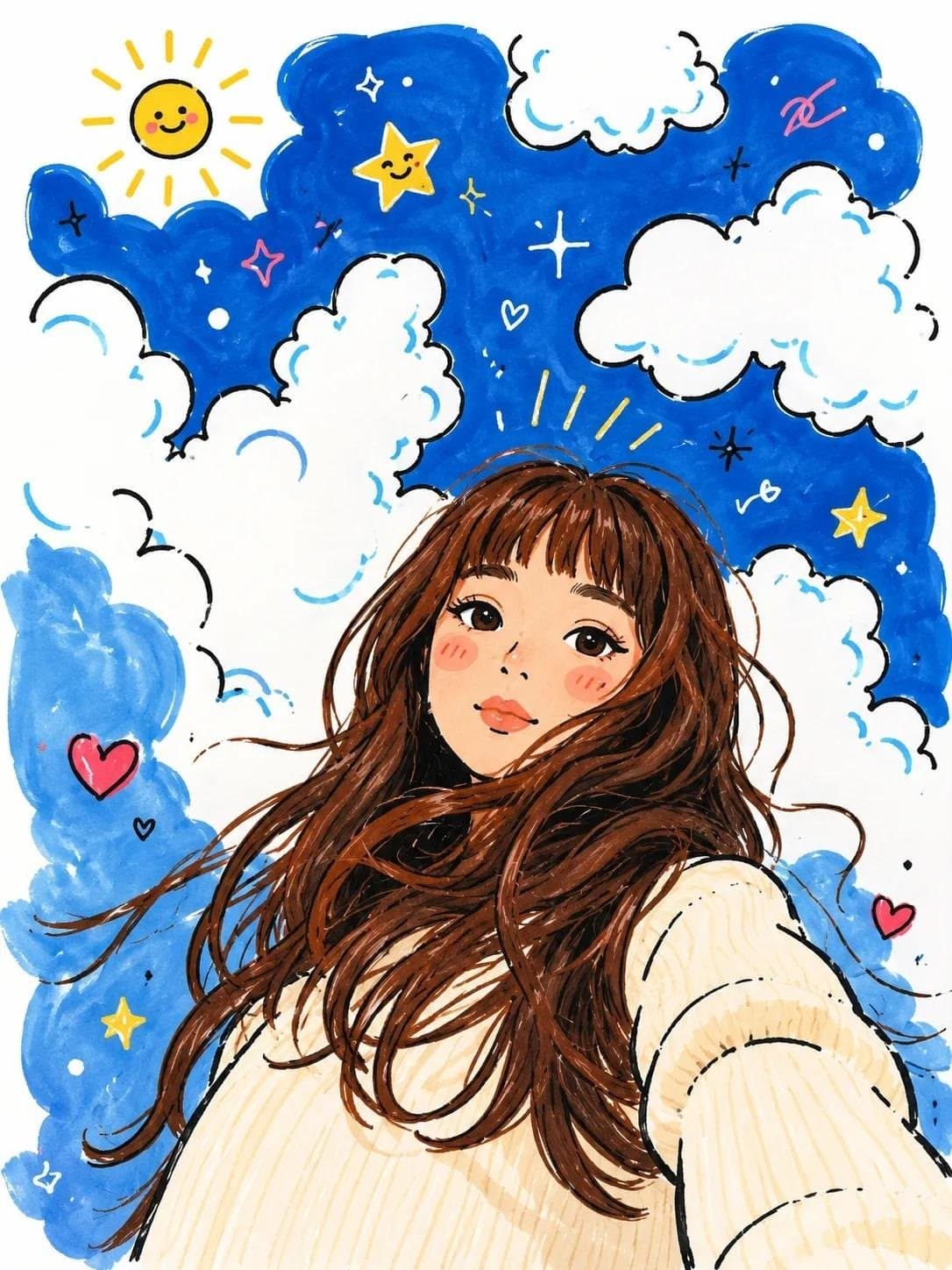 Dreamy low-angle selfie portrait of a young woman with long