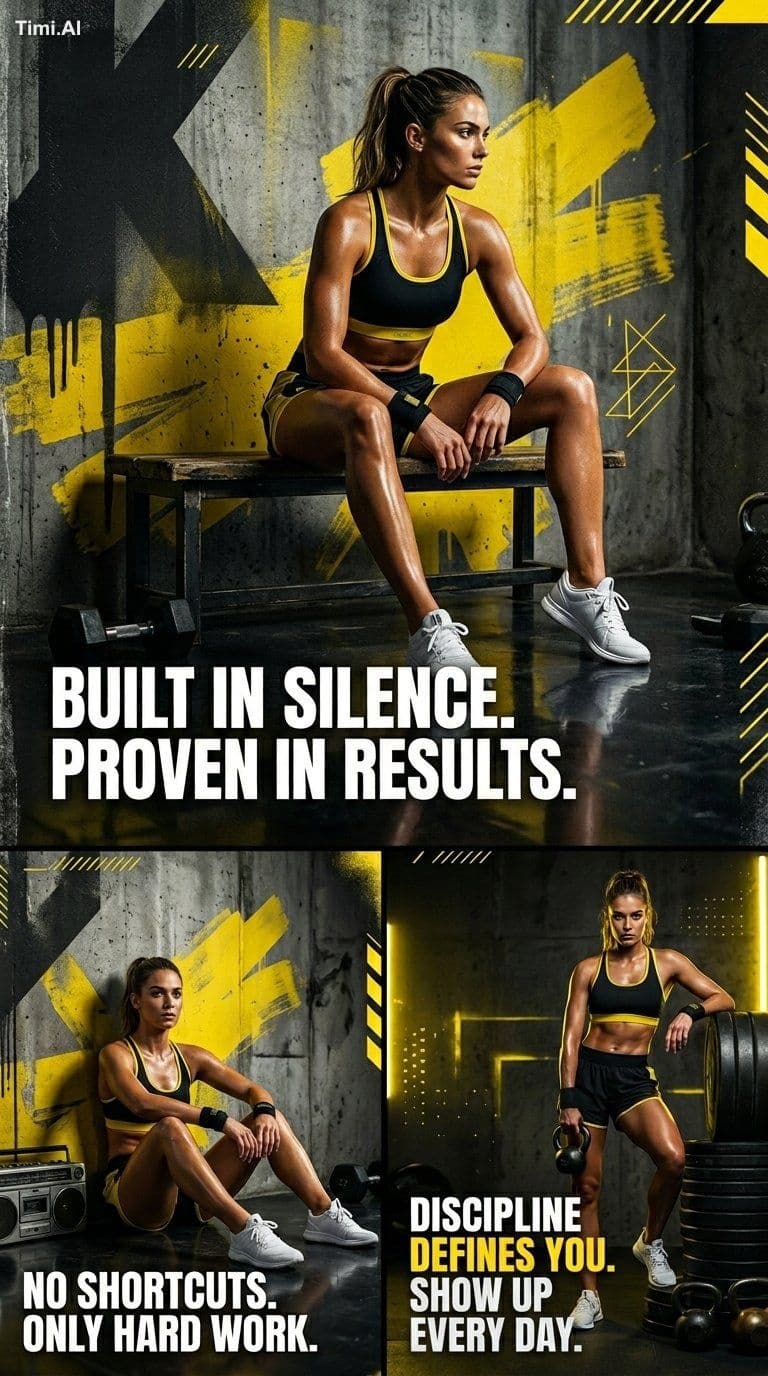 Create a high-end cinematic 3-panel (triptych) fitness edito