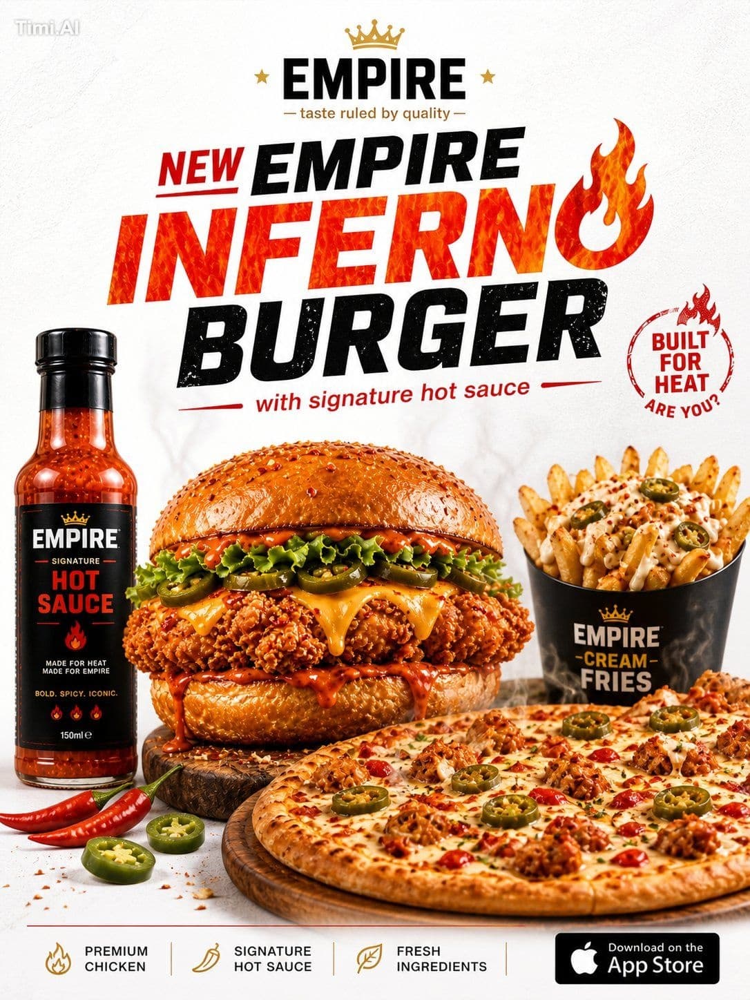 A premium fast food advertisement poster with a cinematic co