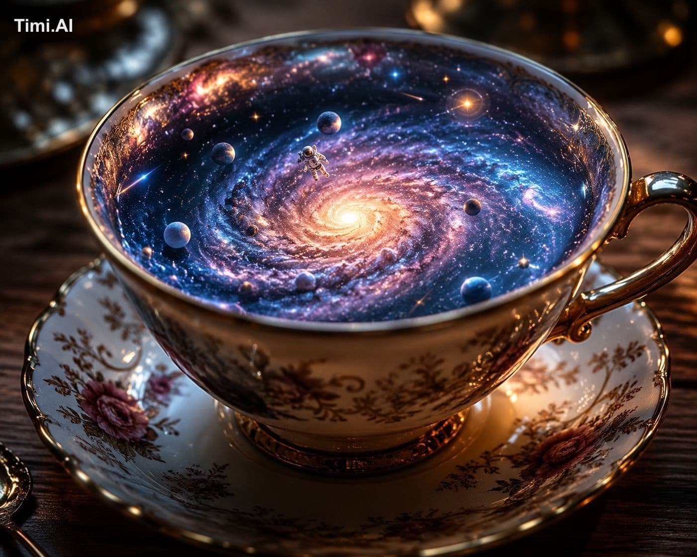 A hyper-realistic macro shot of a delicate porcelain teacup