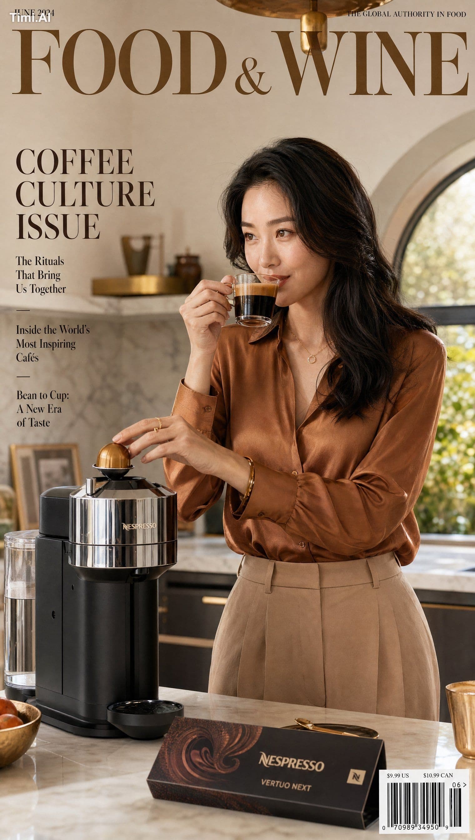 Ultra-realistic coffee lifestyle magazine cover featuring a
