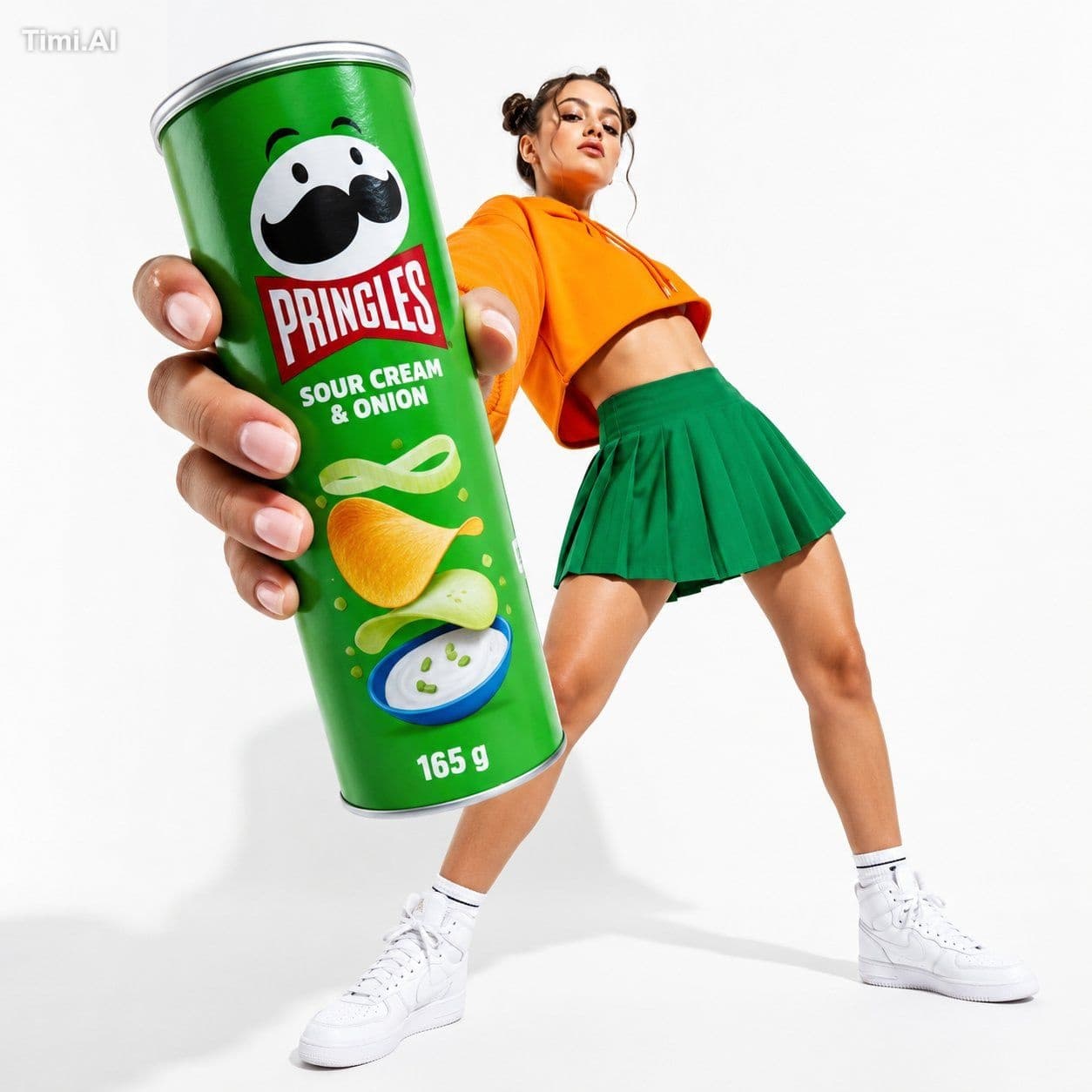 Low-angle fashion campaign photograph of a confident model h