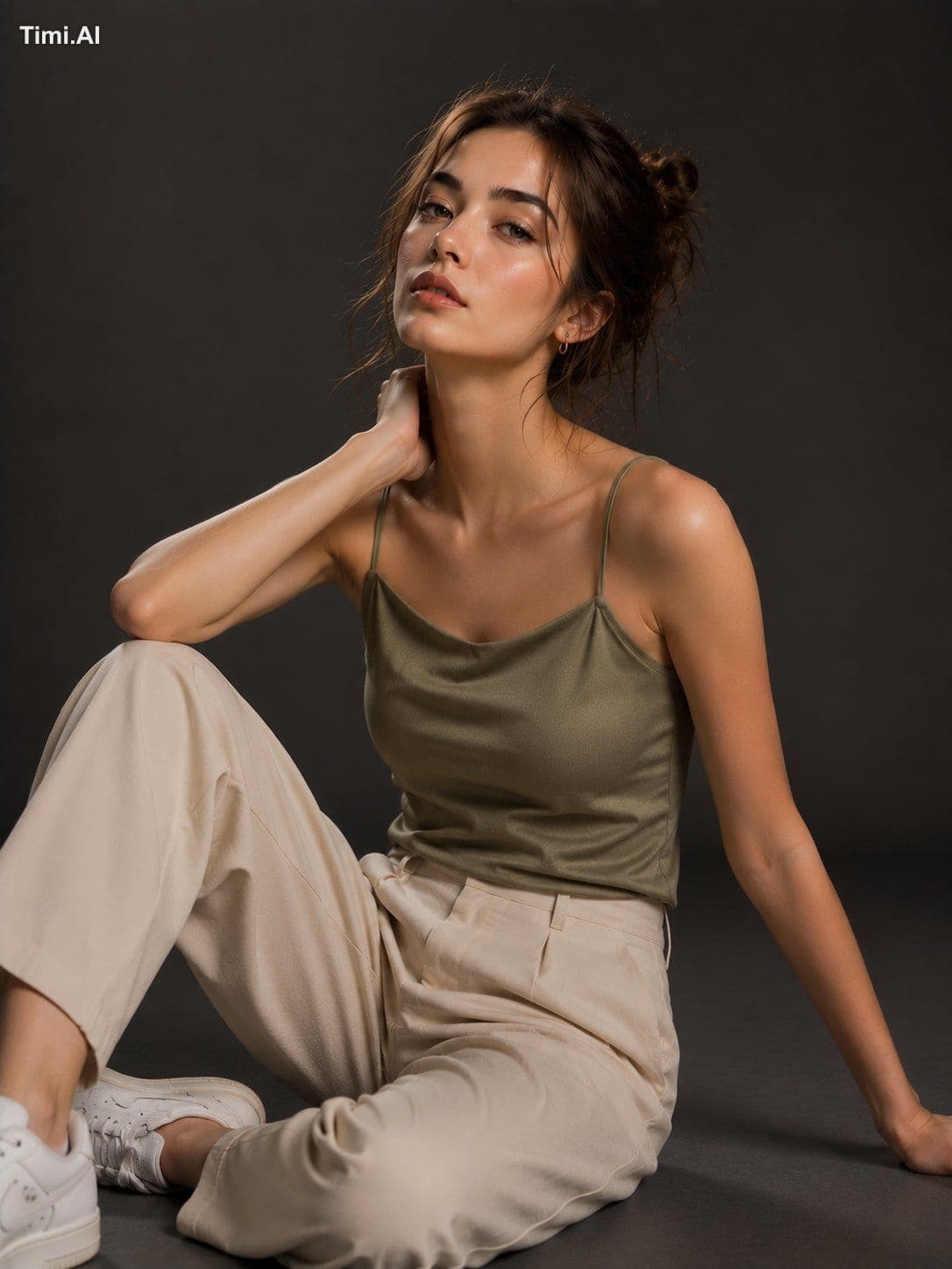 Ultra-photorealistic editorial fashion portrait in a minimal