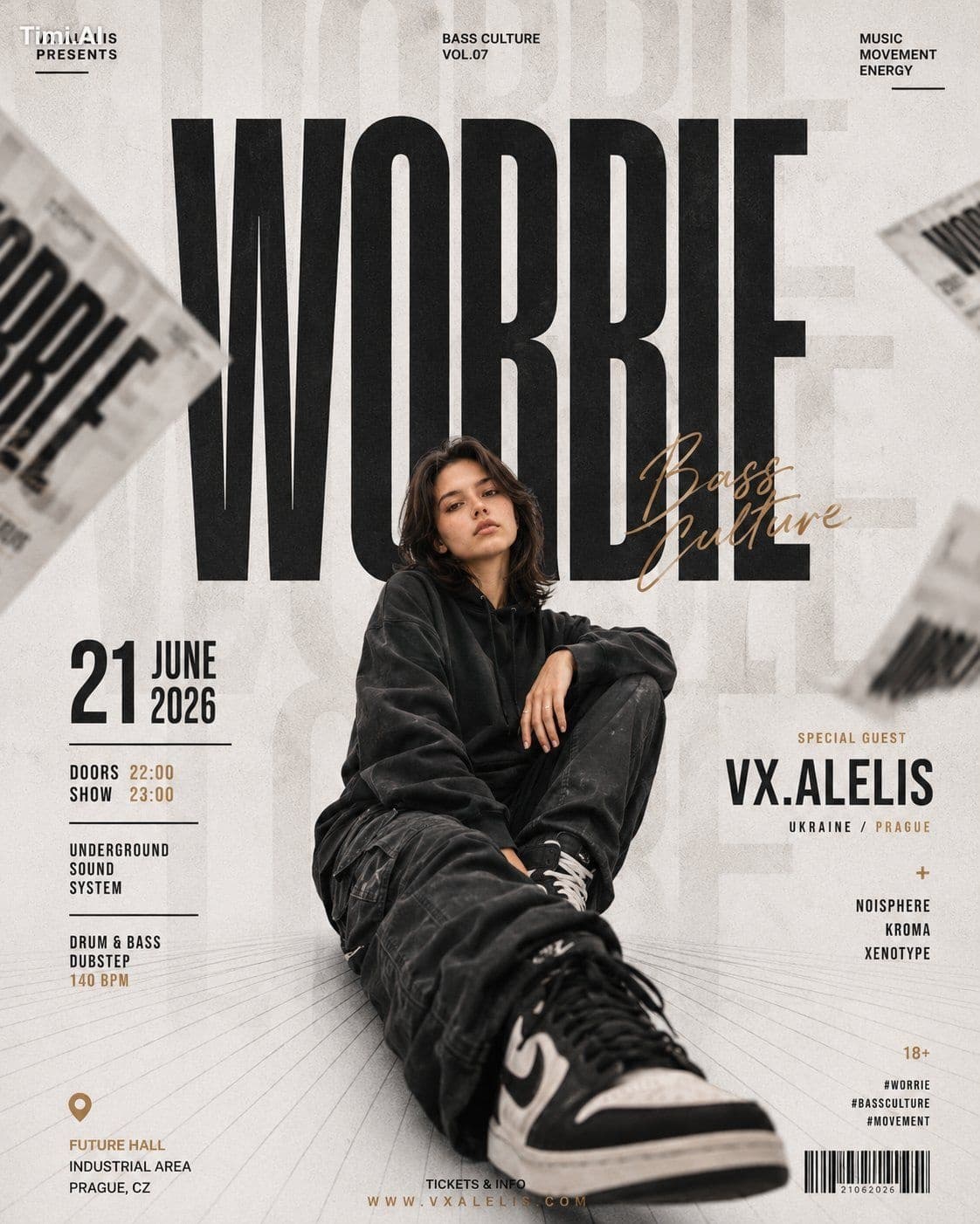 Create a premium underground music event poster with a bold