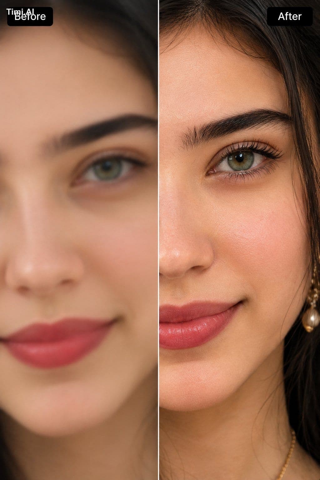 Extreme close-up split-screen comparison image of a young wo