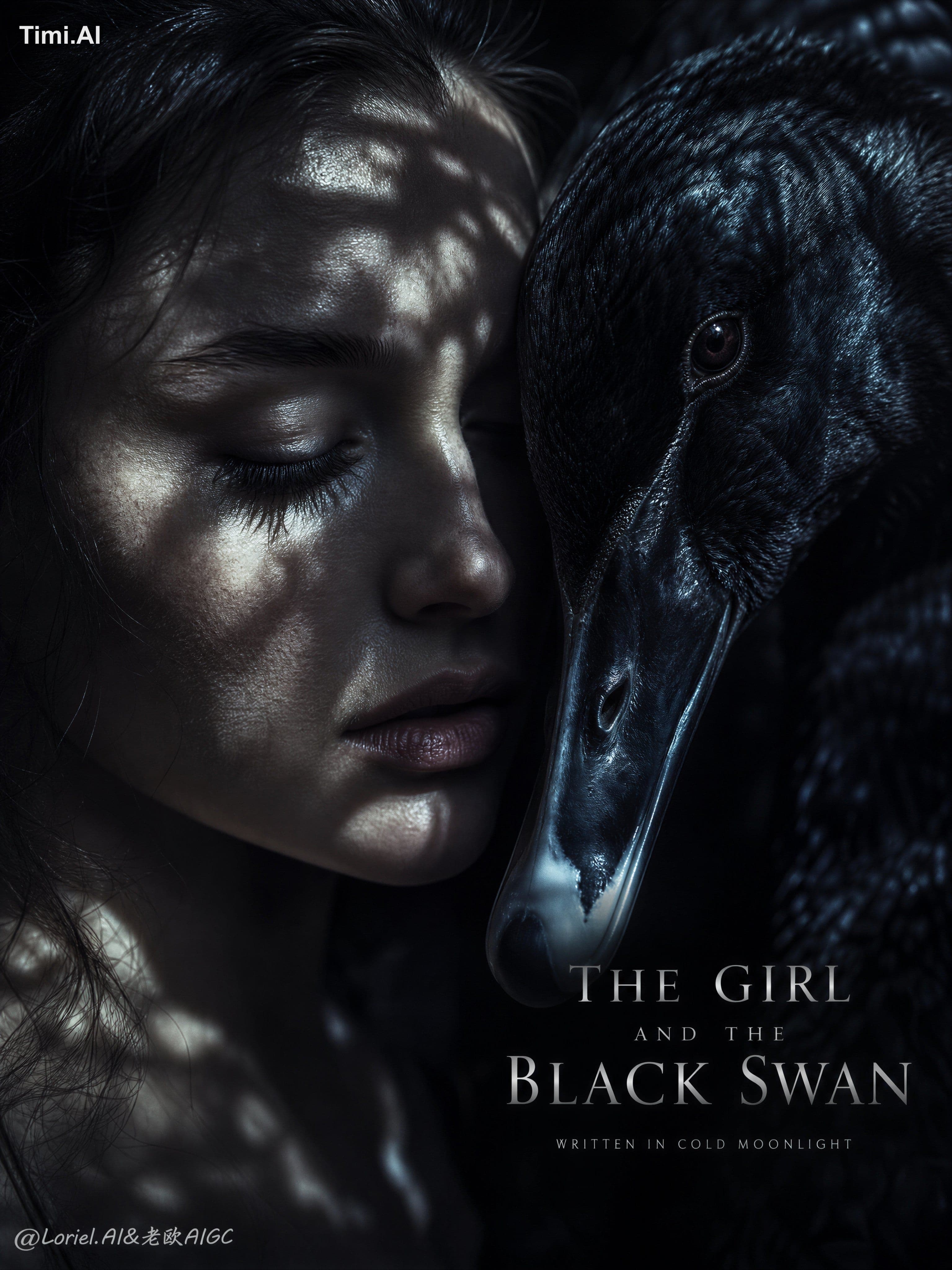 Asian woman, influencer styling, cartoon swan, fantasy bird,