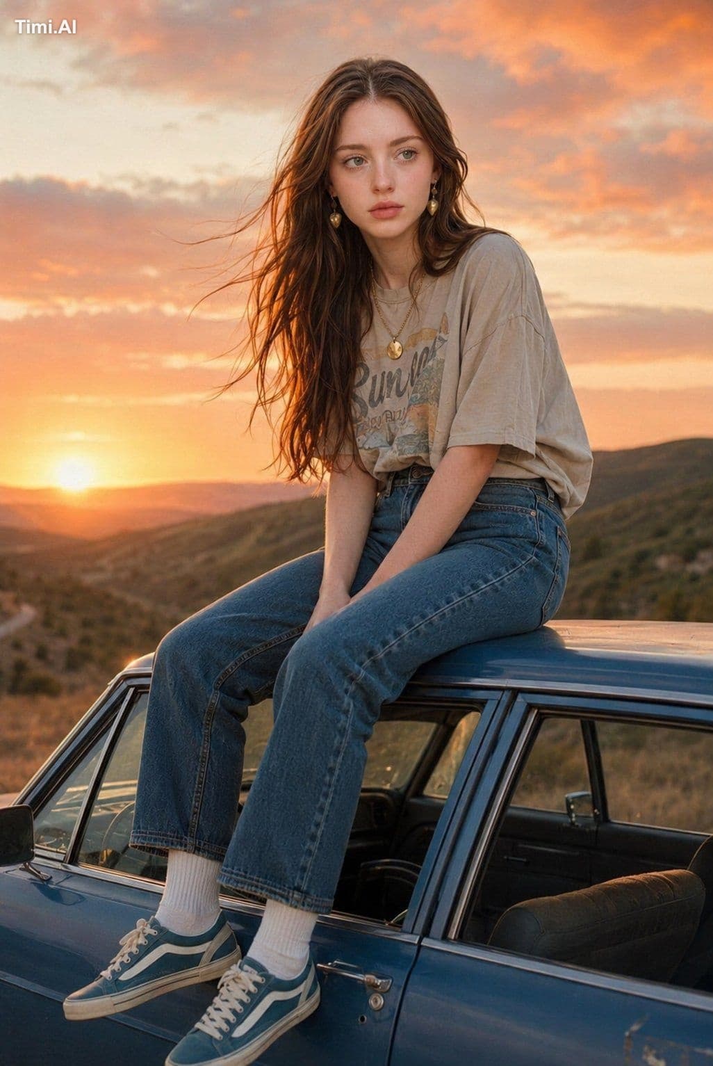 A beautiful young woman sitting on the roof of a vintage blu