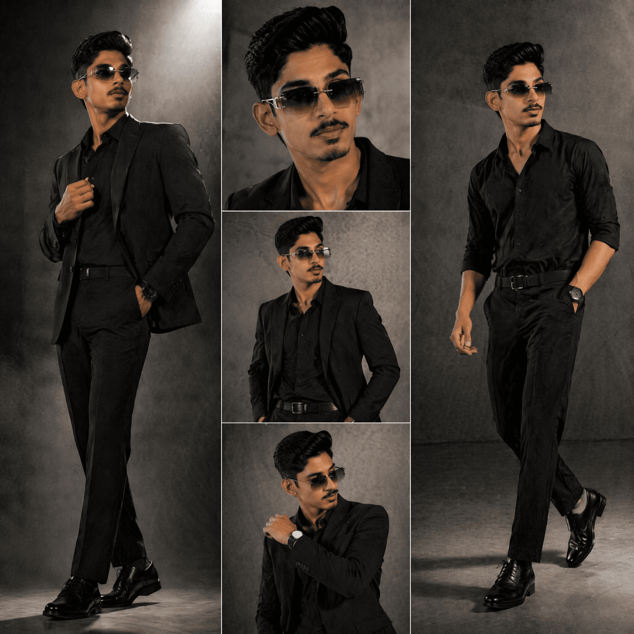 Aspect ratio 1:1. Luxury fashion editorial, three-panel comp