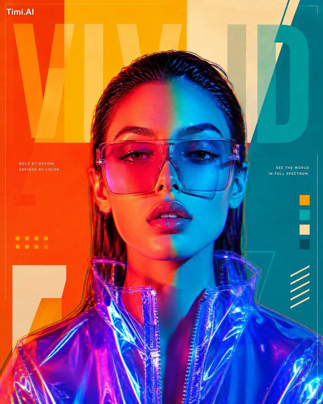 Wide digital art poster composition, woman in blue holograph