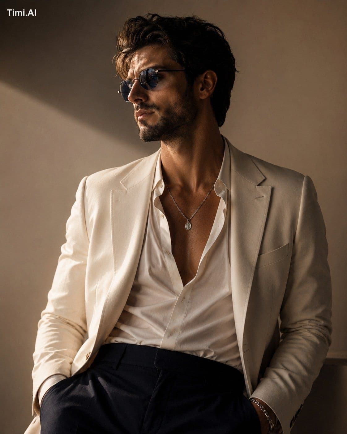 Transform this man into a high-fashion editorial icon with c