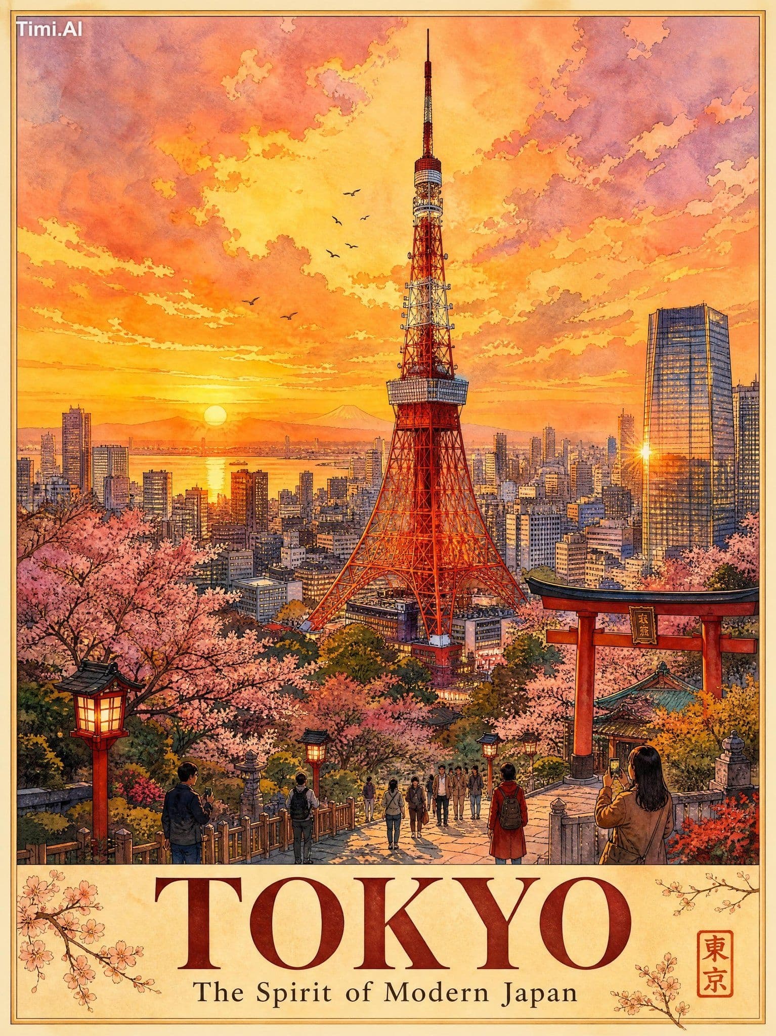 A stunning cinematic travel poster of Tokyo at golden hour s