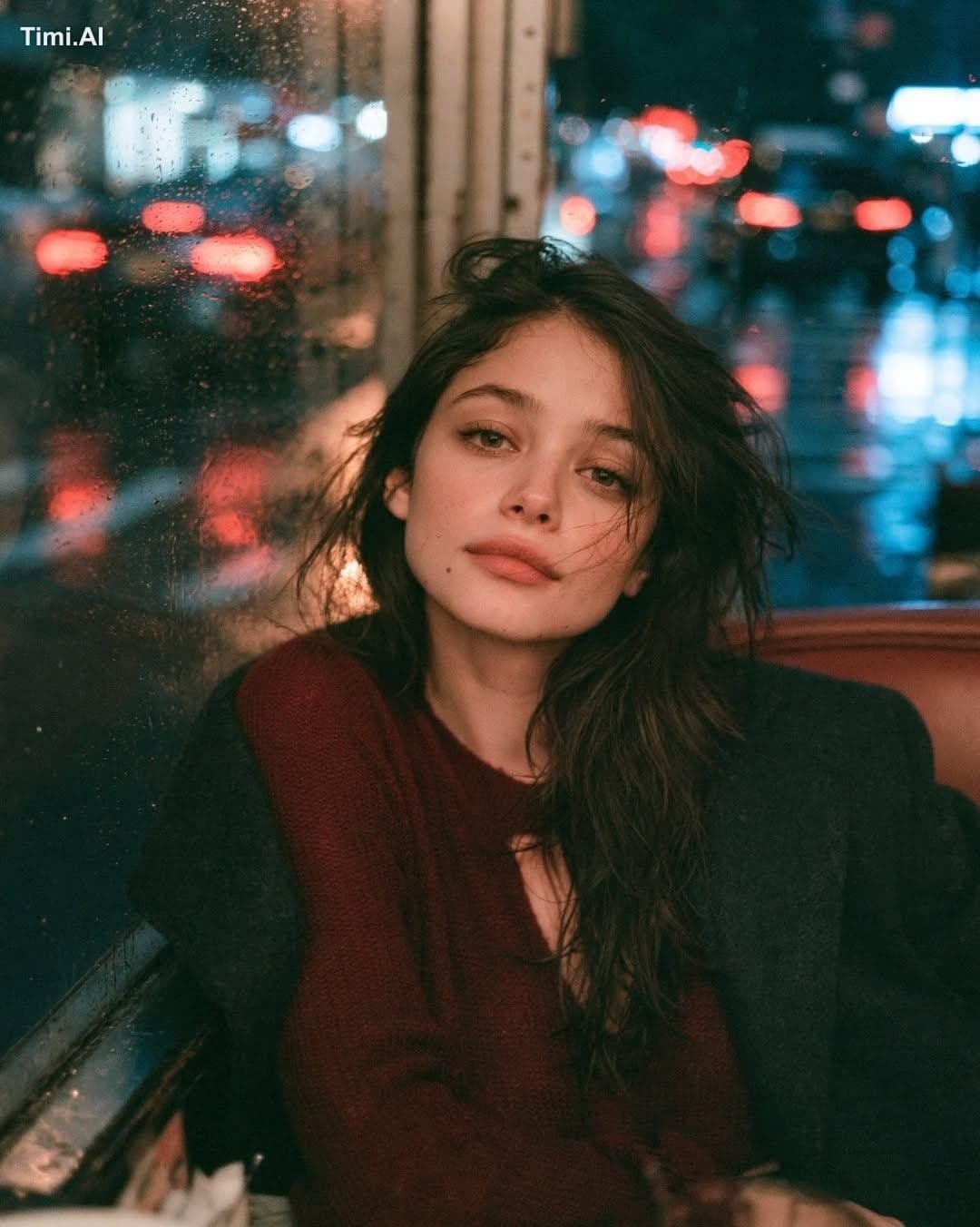 Ultra-realistic cinematic portrait of a young woman sitting