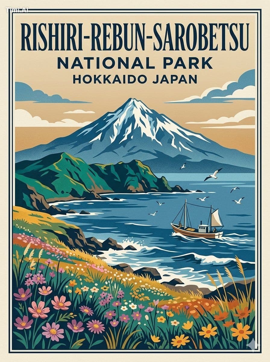 Vintage national park travel poster illustration of Rishiri-