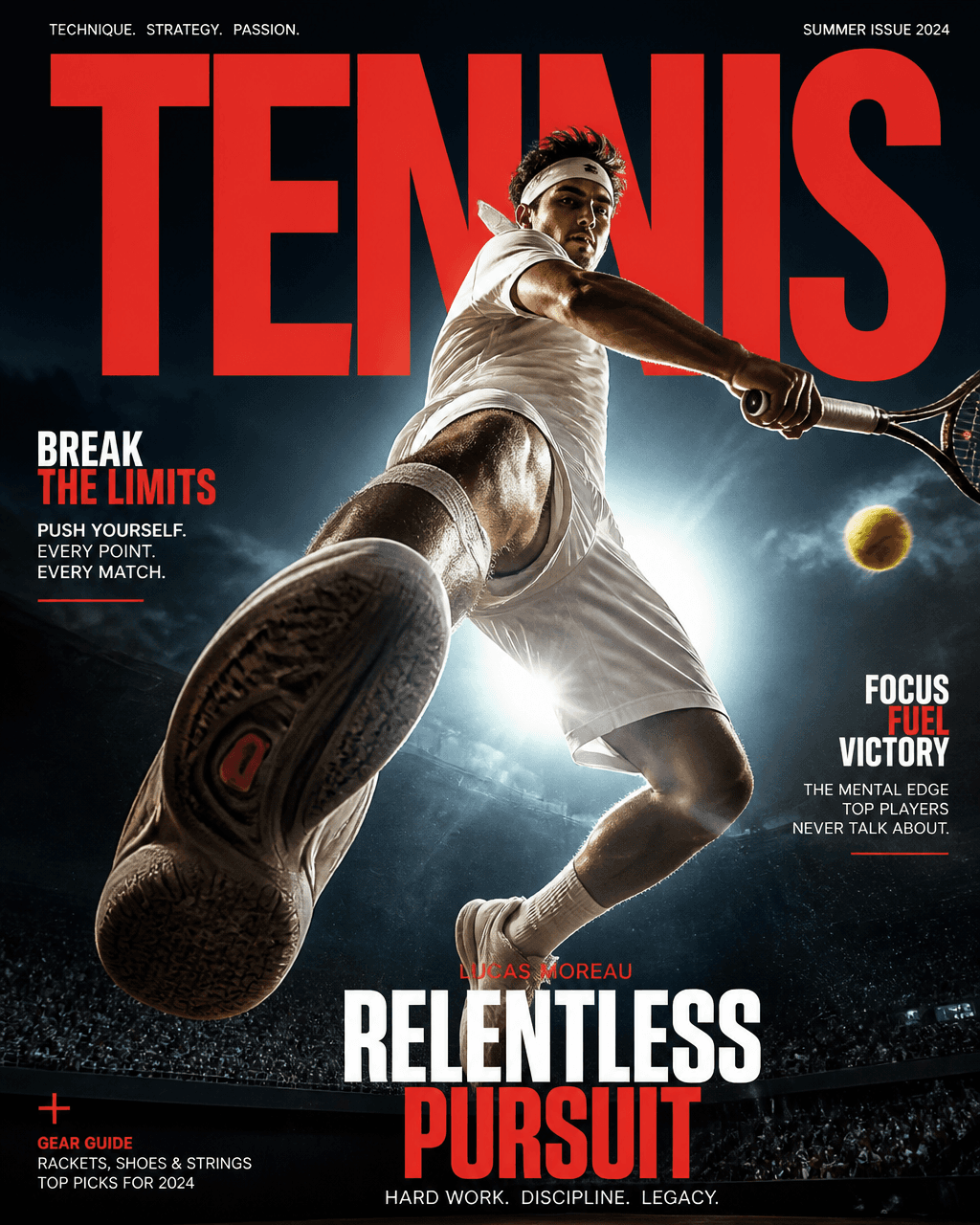 Cinematic sports photography, extreme low-angle view tennis