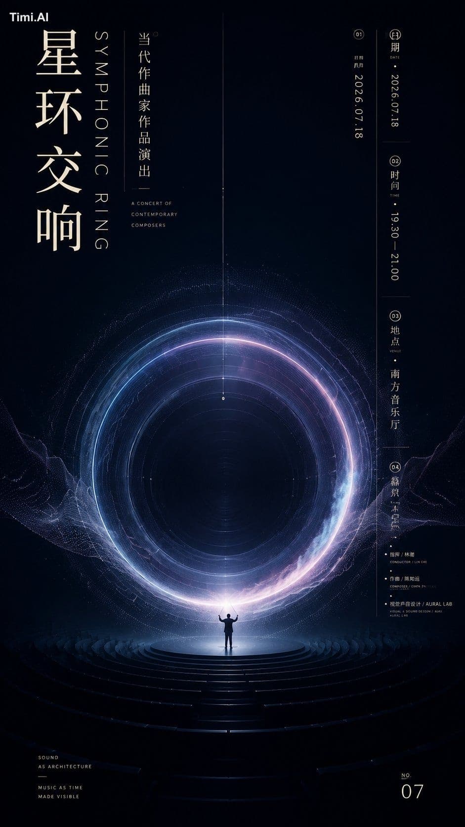 生成一张竖版 9:16 高端活动海报,主题为【主题名称】,用于【活动类型】。
画面采用深色背景,整体风格为高级艺术活动