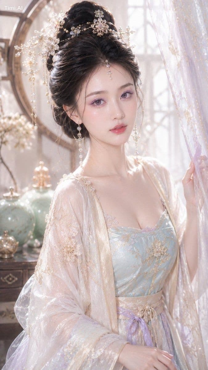 9:16 竖版,古风贵女梦幻水光妆写真,东方古风贵女美妆特写,胸像到腰部以上近景构图,正面轻侧身,人物身体轻微形成柔和