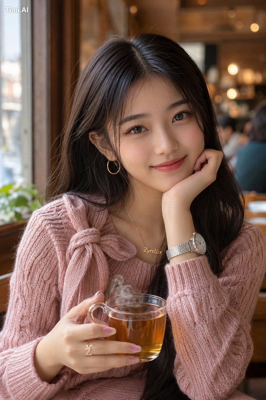 A close-up portrait of a young East Asian woman sitting in a