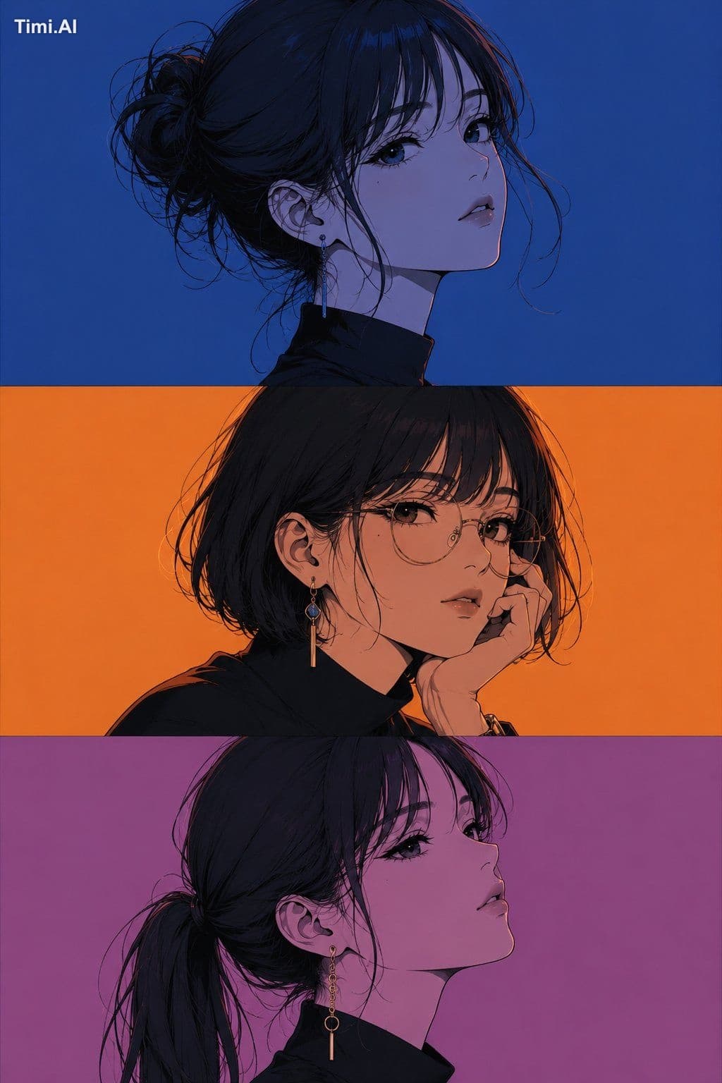 Three-panel anime/manga portrait of the same girl with an id
