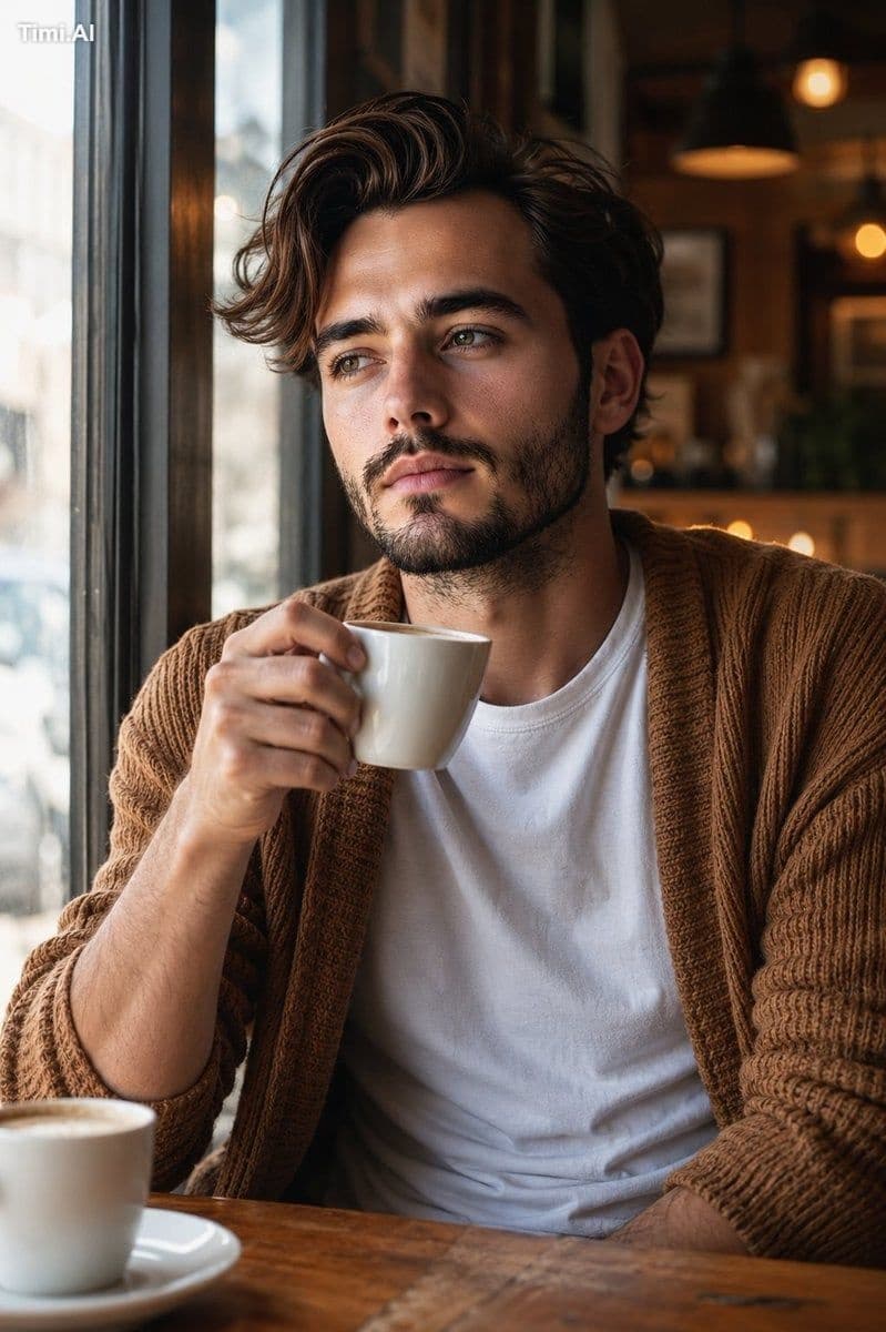 A warm cinematic lifestyle portrait of a young male figure s