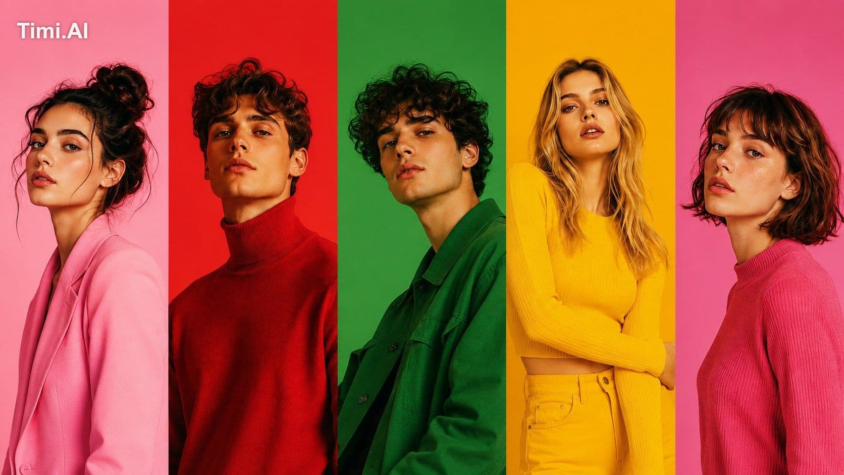 16:9 ultra-premium fashion editorial collage featuring five