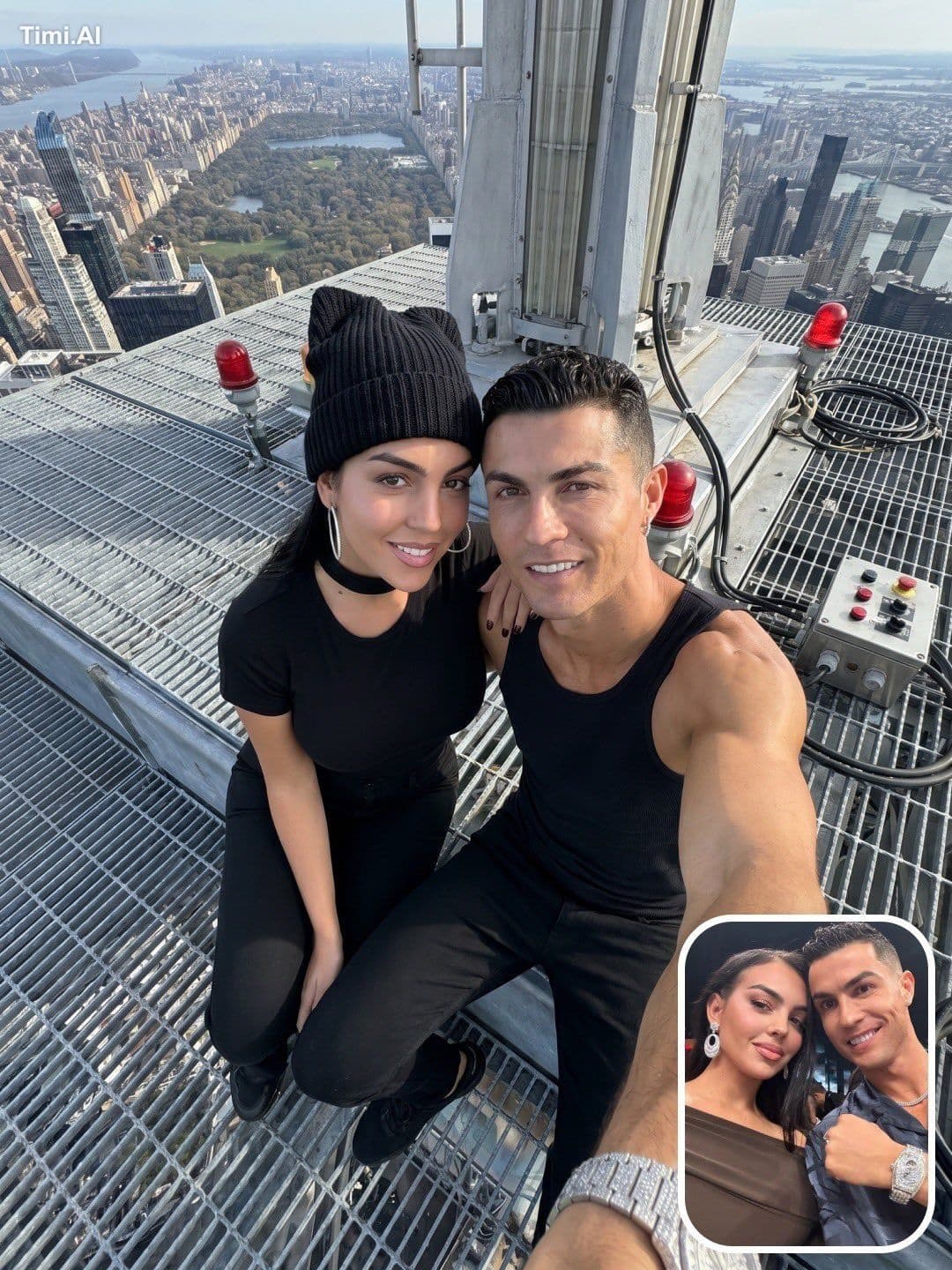 A hyper-realistic, ultra-detailed rooftop selfie on the top
