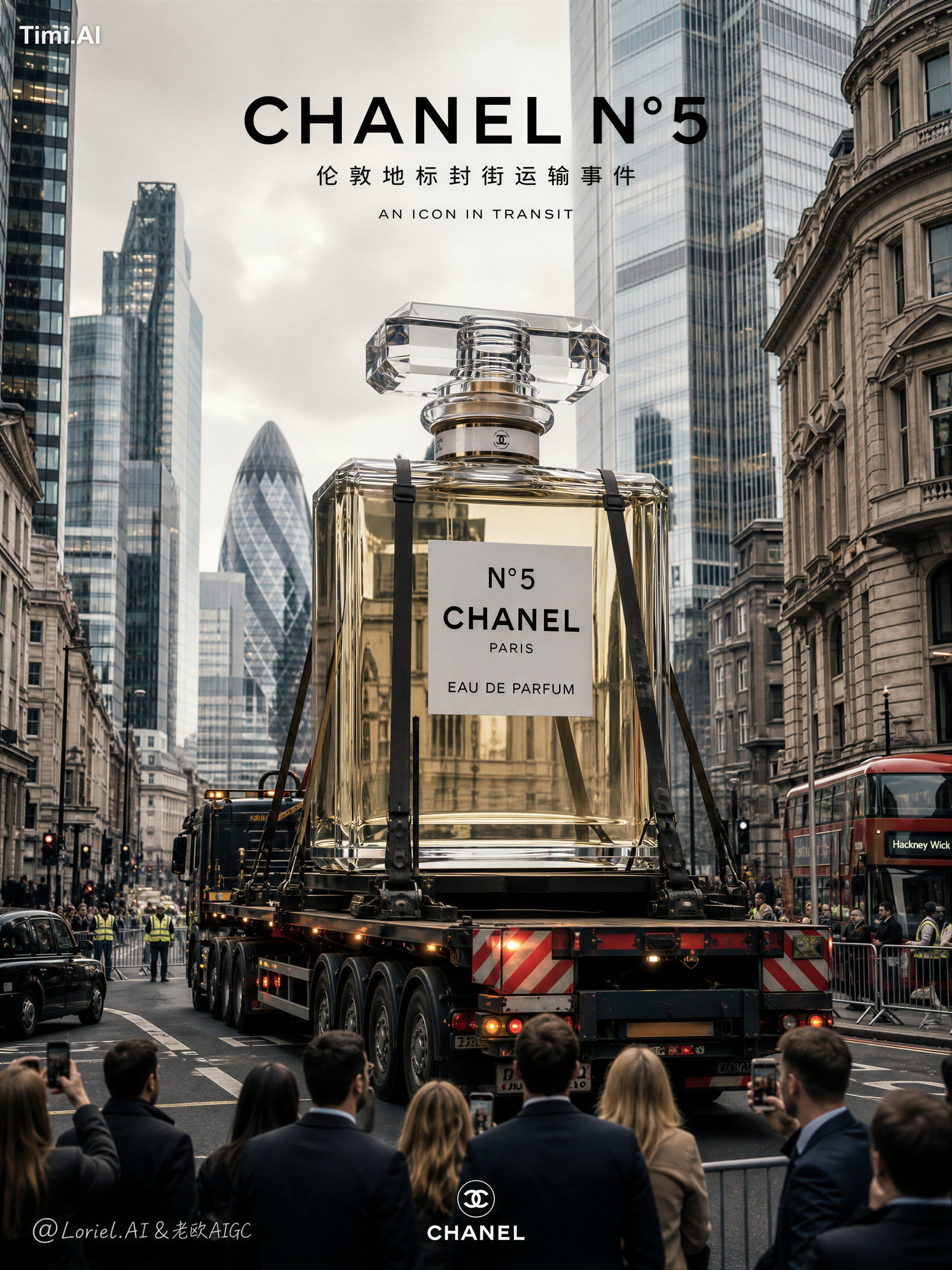 cartoon bottle, fake London, New York skyline, blurry Chanel