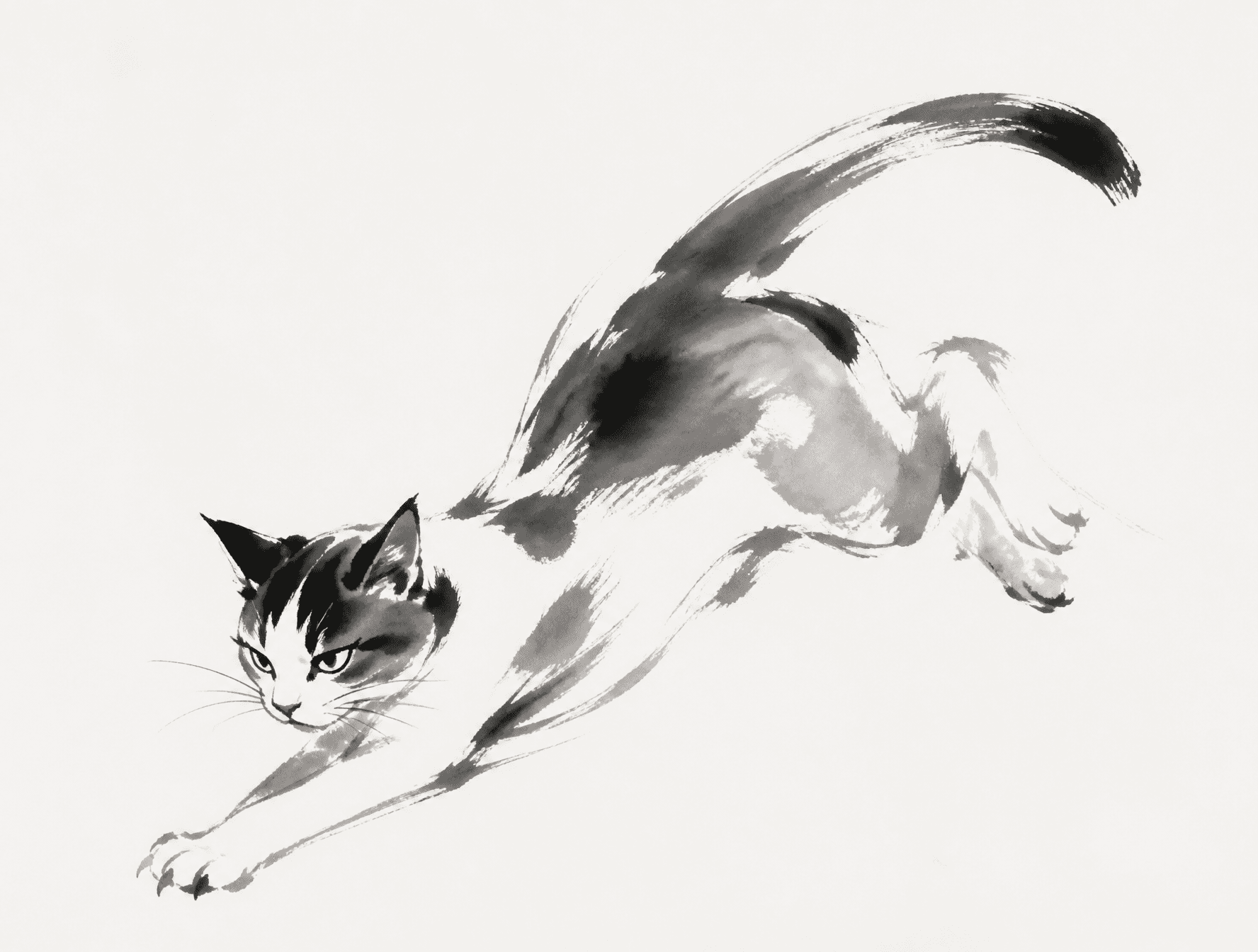 猫,极简东方水墨动态速写,无字