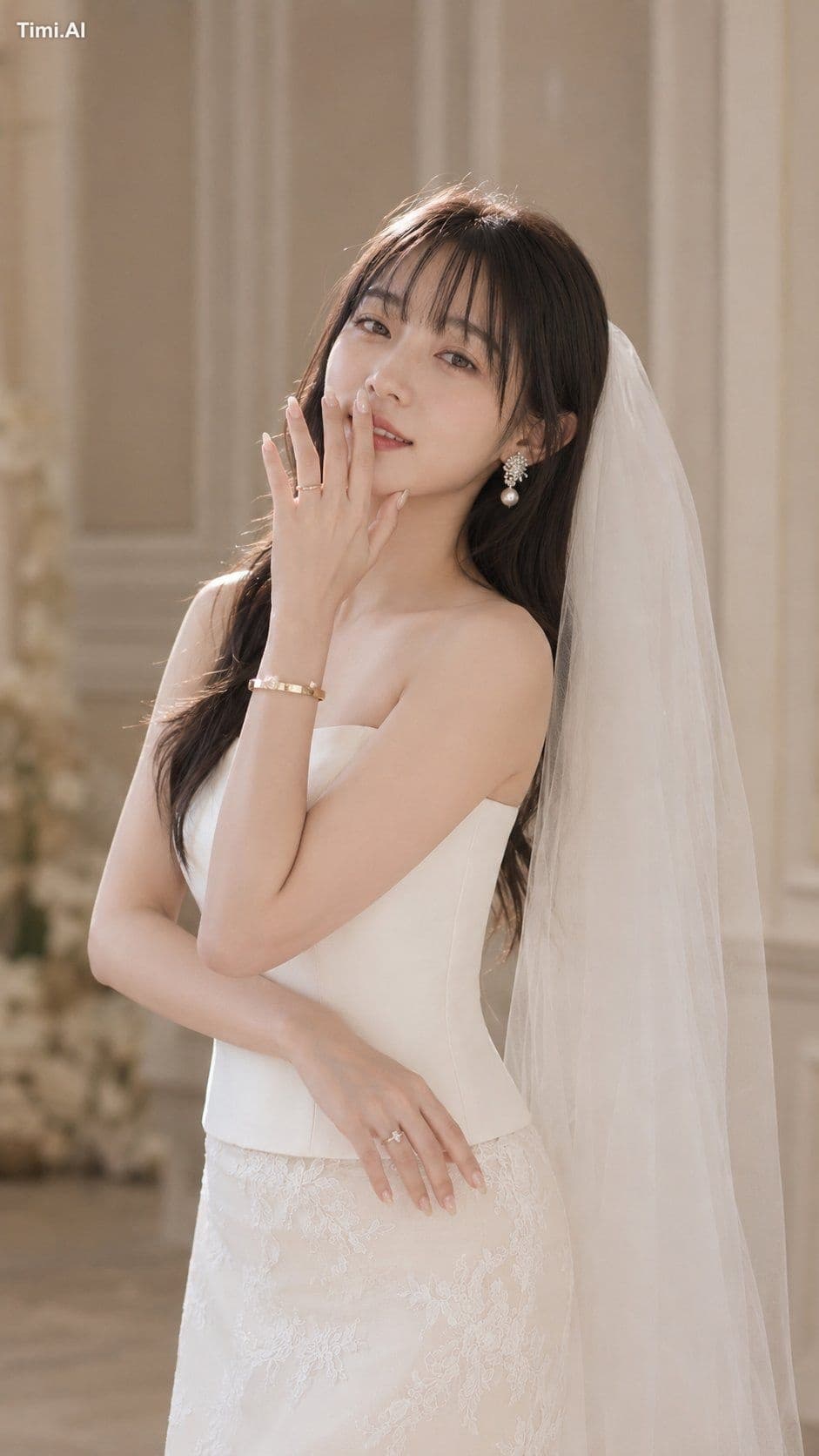 高端超写实婚纱时尚人像,优雅欧式室内,电影感16:9宽屏。新娘靠近中左位置,大腿中部至头顶取景。长款大教堂婚纱头纱宽幅延