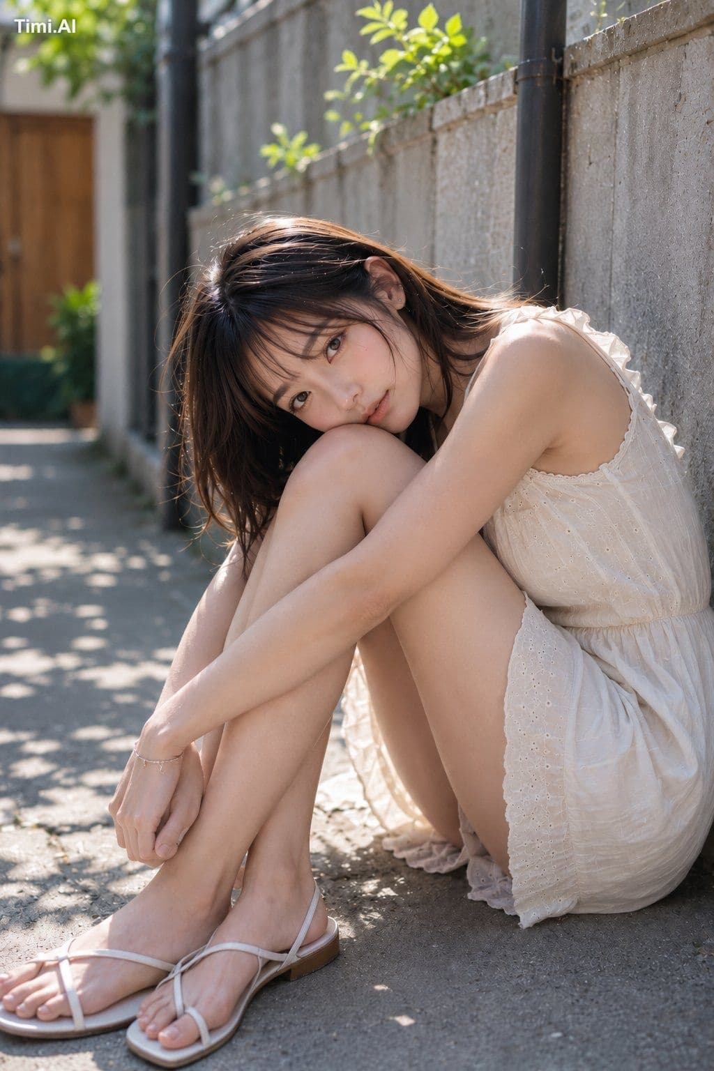 ひざに頬をあずけたまま、夏の光だけを静かに受けとめる。
白い布のやわらかさと、壁ぎわの影が少しだけ長い午後。🤍☀️🌿