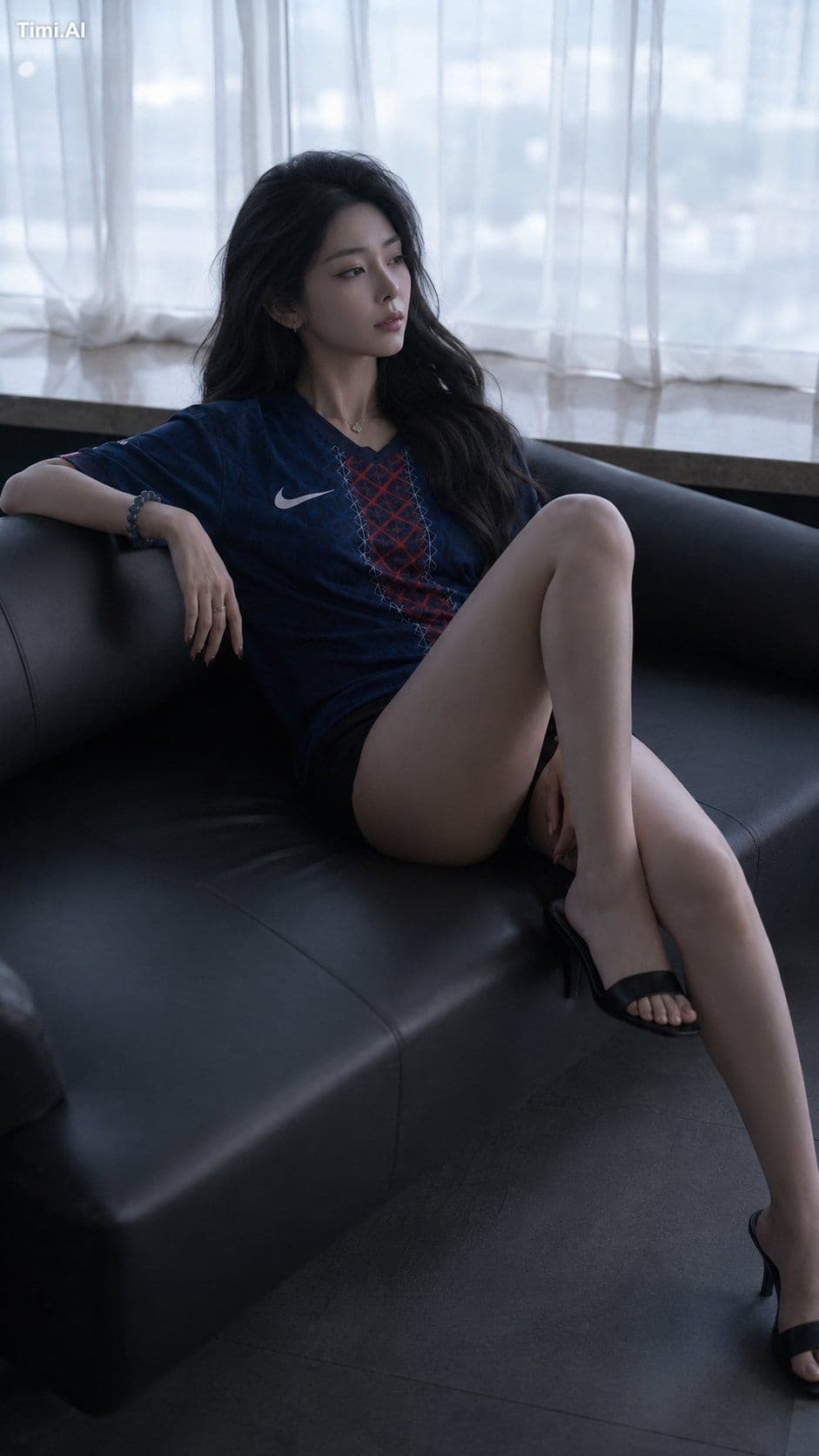 电影感超写实时尚写真。年轻成年女性,长而蓬松的随意黑发,斜倚于宁静现代室内的大型哑光黑色皮质转角沙发上。中右位置,沙发宽