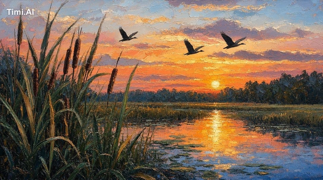 Impasto oil painting of a marsh at sunset, with tall reeds a
