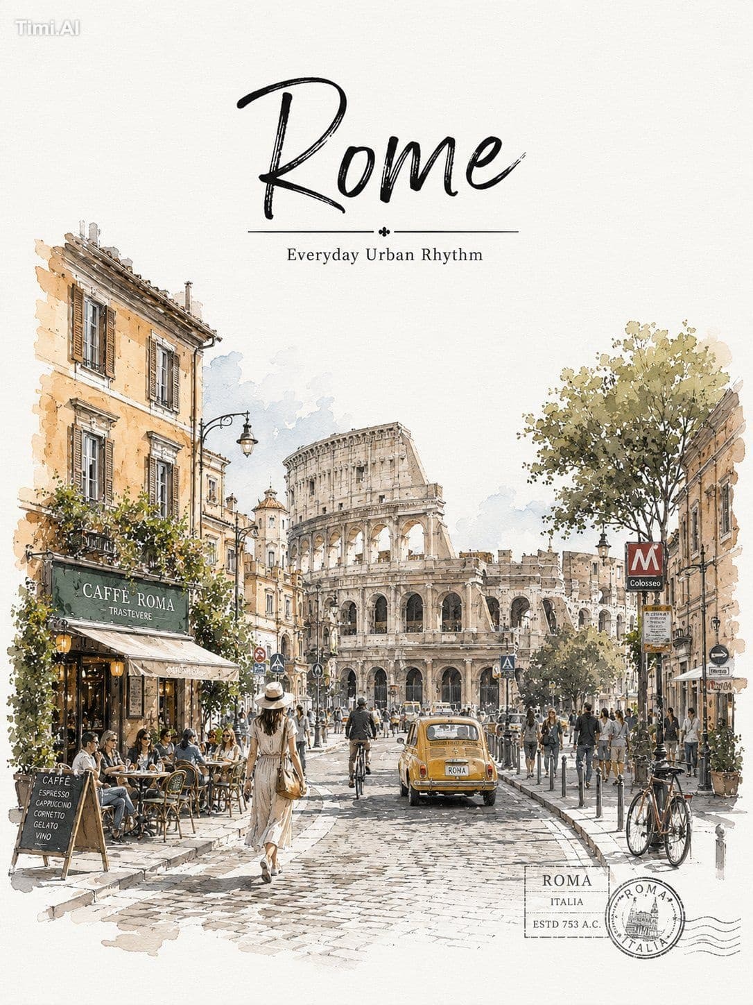 Elegant watercolor-style Rome travel poster with a soft urba